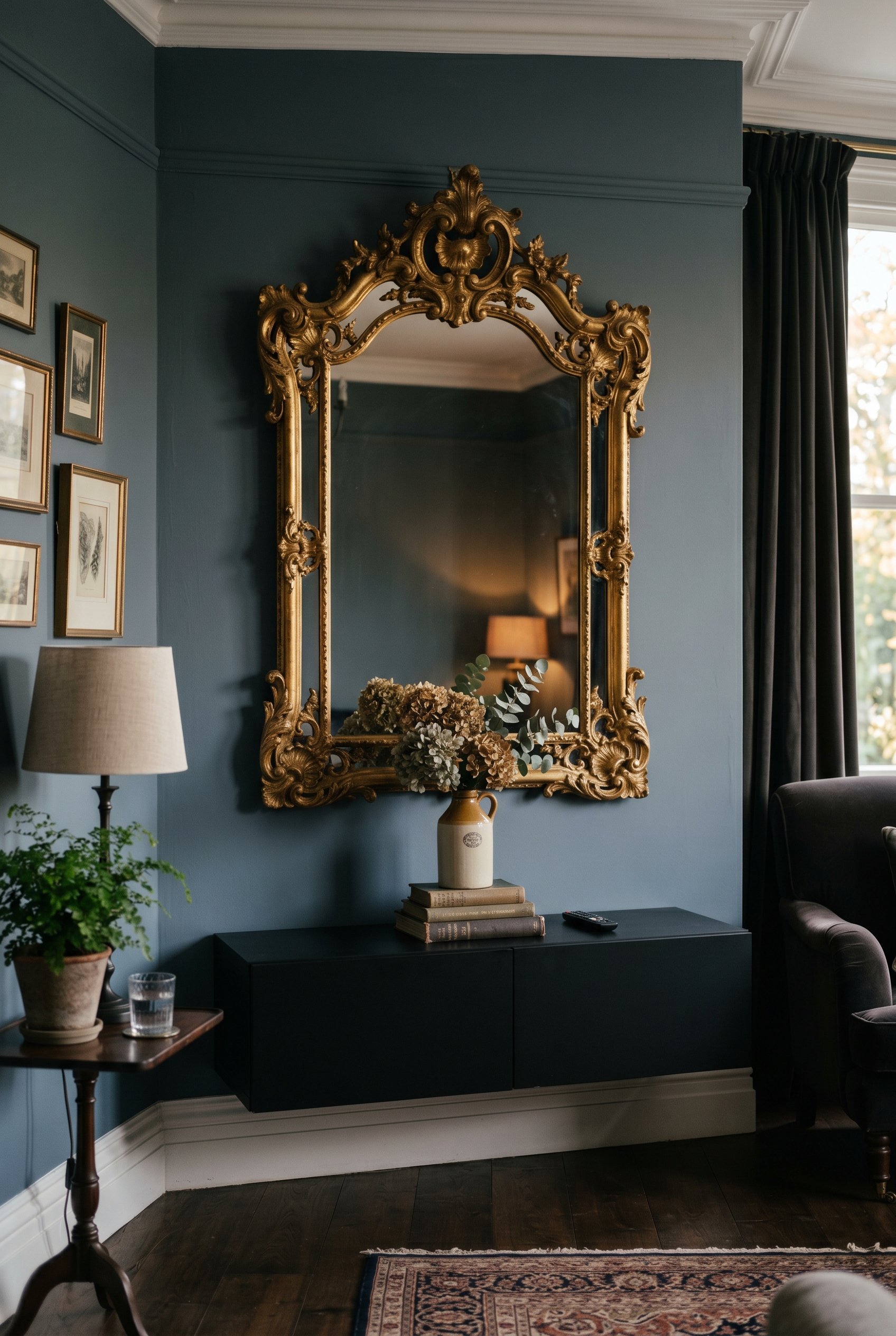 Photorealistic interior photo. Ornate 19th-century gold-leaf Victorian mirror hung directly above a sleek, minimalist matte black floating media console. Clashing eras. Moody lighting, editorial photo