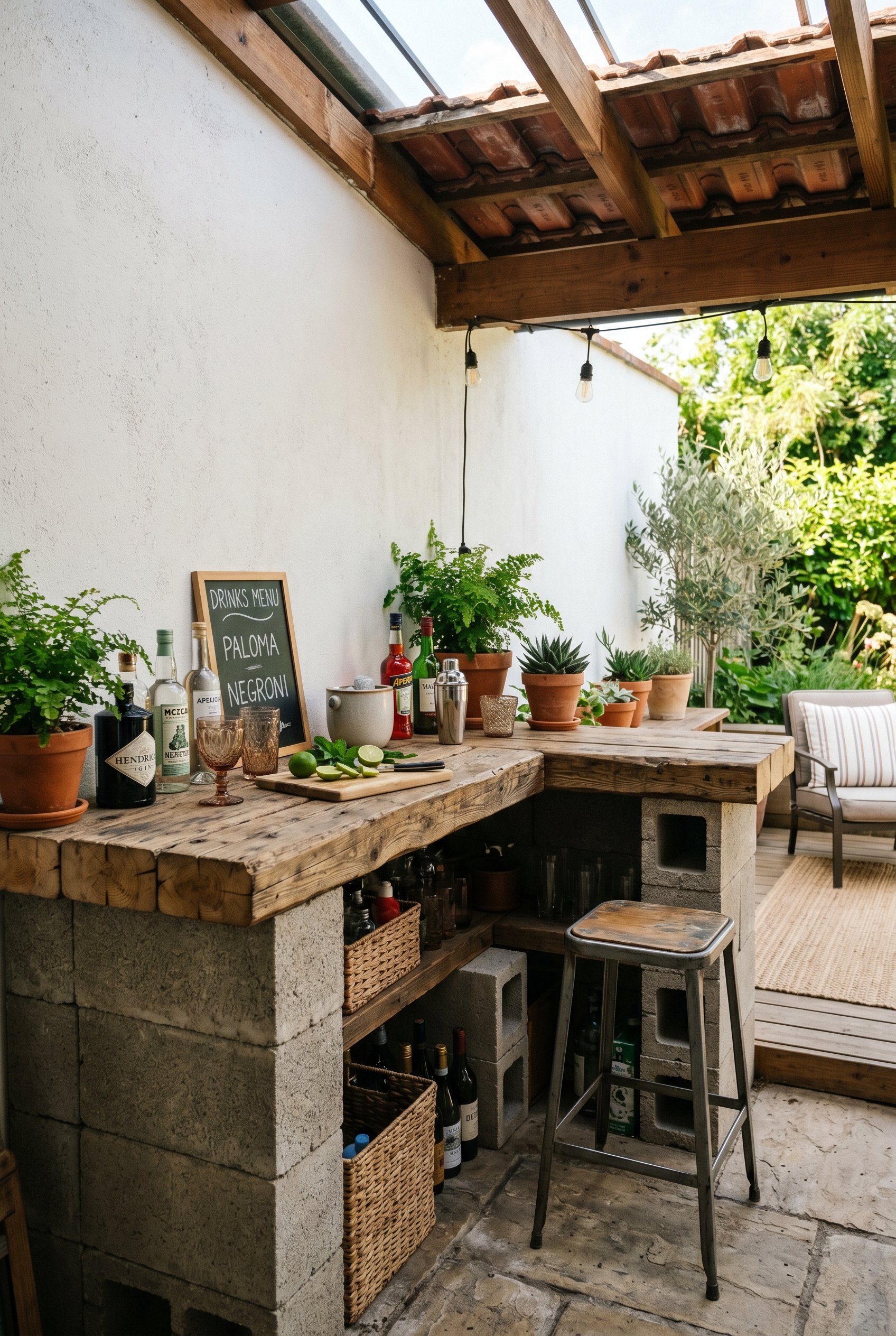 Photorealistic interior photo. Outdoor bar console made of stacked concrete cinderblocks and thick reclaimed timber posts, industrial rustic style, sunny afternoon. Editorial photography style, no peo