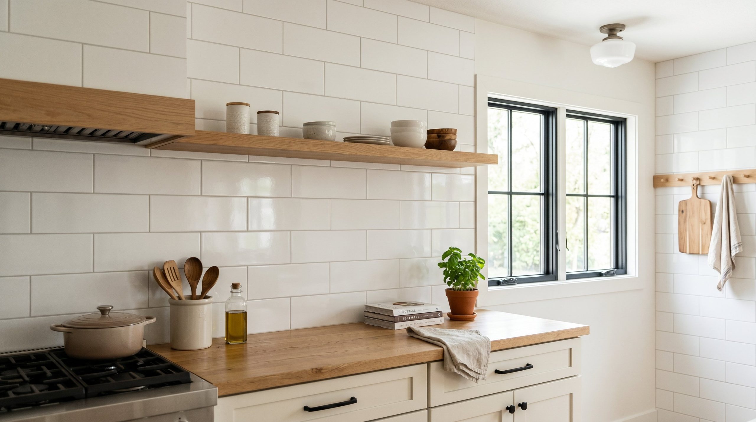 Photorealistic interior photo. Oversized 4x12 white subway tiles, offset pattern, minimal grout lines, expansive modern kitchen backdrop, clean and airy aesthetic. Editorial photography style, no peop