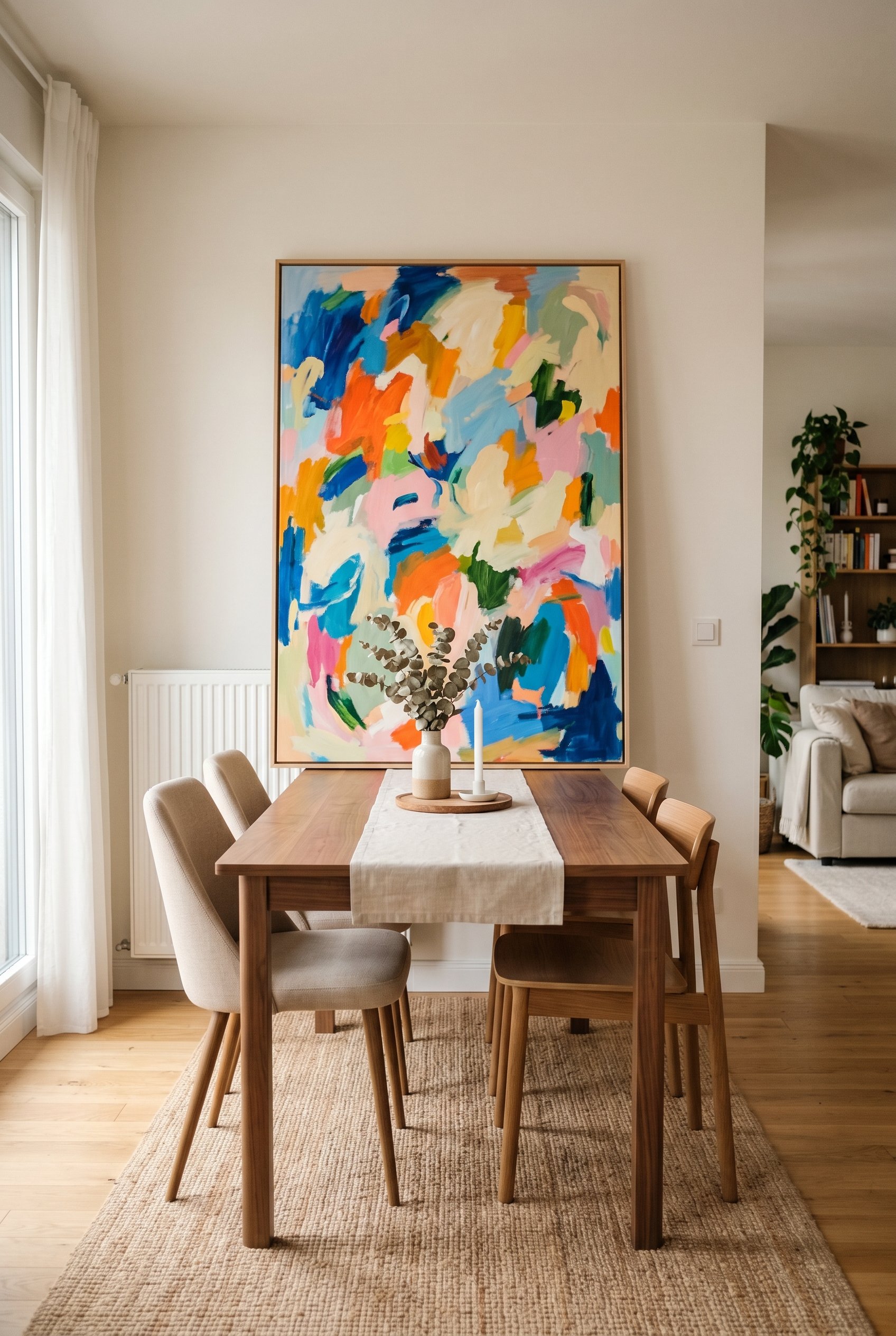 Photorealistic interior photo. Oversized 6-foot colorful abstract painting leaning on the wall behind a sleek dining table. Minimalist decor letting the art stand out. Editorial photography style, no 