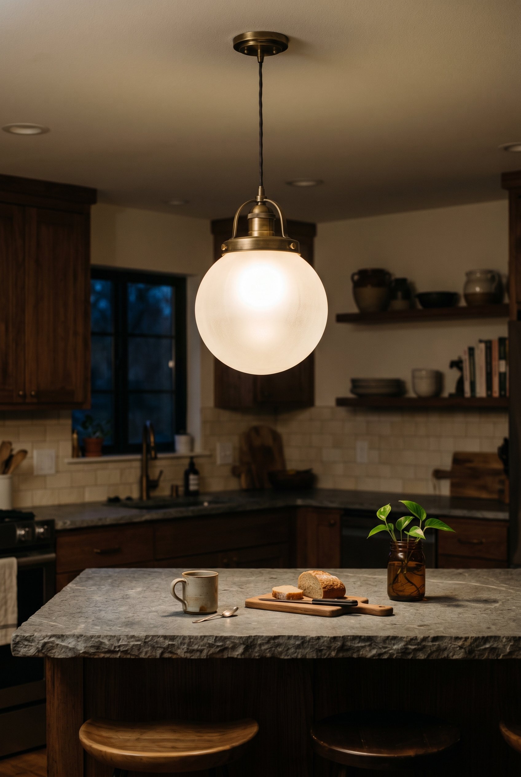 Photorealistic interior photo. Oversized brass and frosted glass pendant light hanging exactly 30 inches above a stone breakfast bar counter. Warm, moody atmospheric lighting, eye-level camera angle f