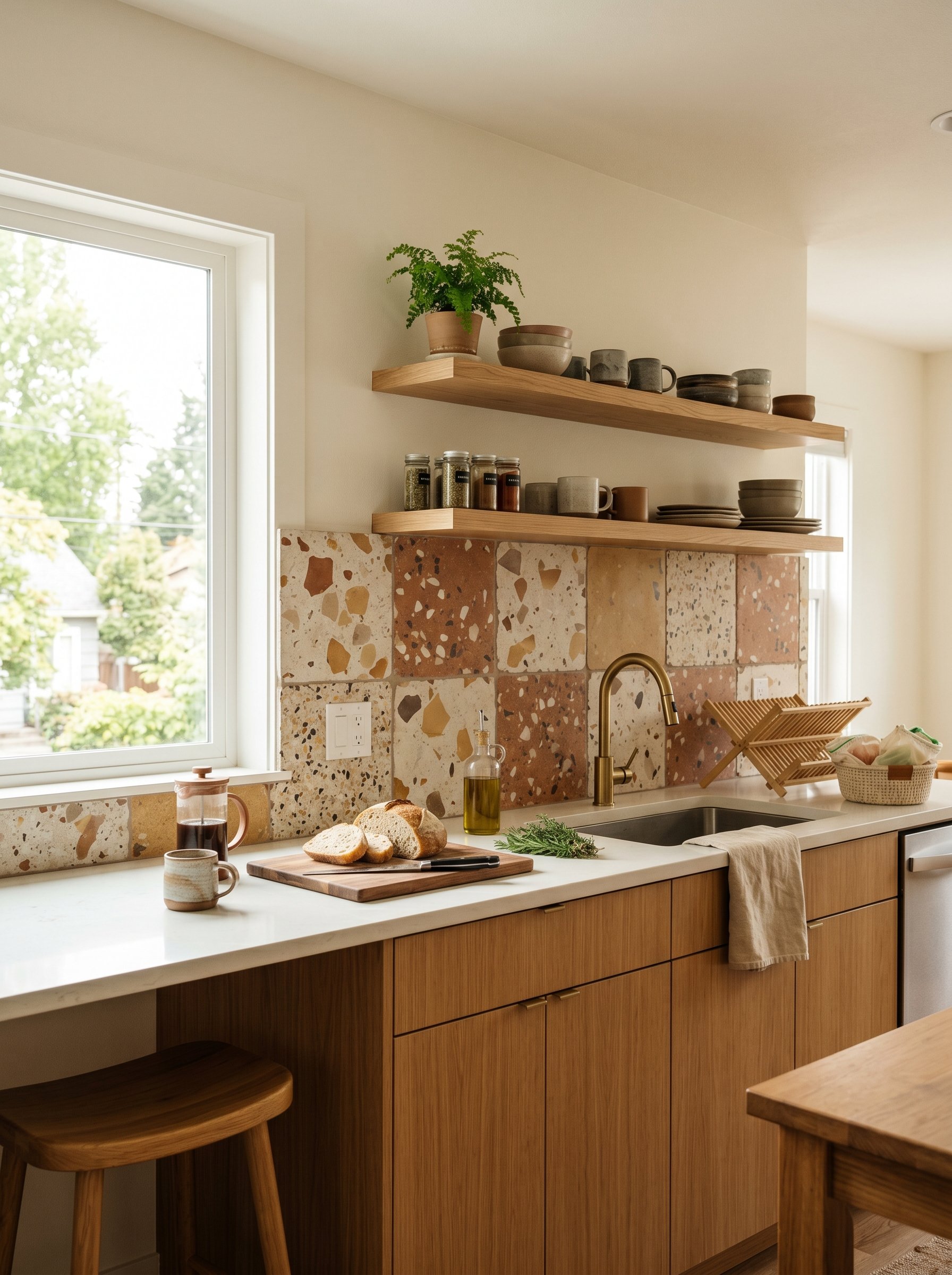 Photorealistic interior photo. Oversized chunky terrazzo tile backsplash with warm earth tones. Modern sustainable kitchen, bright natural light, straight-on camera angle. Editorial photography style,