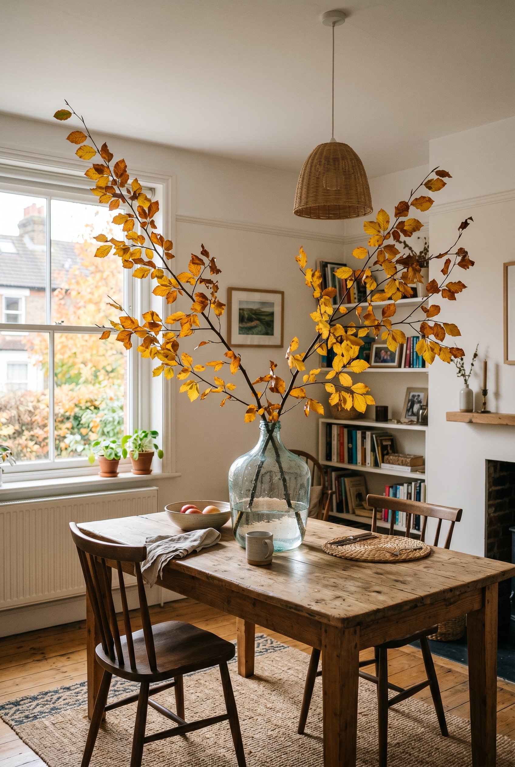 Photorealistic interior photo. Oversized clear glass jug in the center of a raw wood dining table, holding three massive asymmetrical branches with yellow and orange autumn leaves, bright natural dayl
