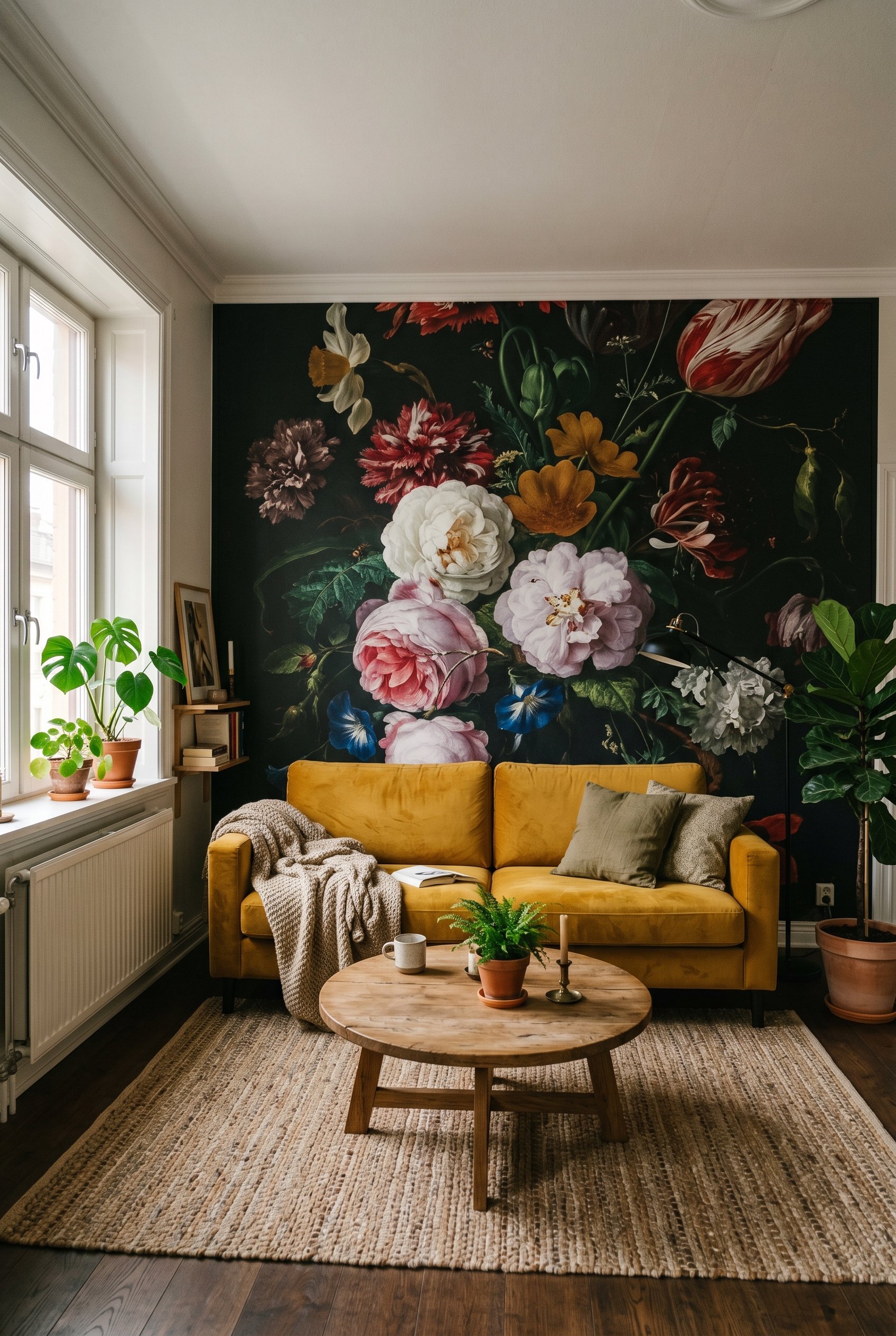 Photorealistic interior photo. Oversized dark floral Dutch Masters peel-and-stick wallpaper mural behind a modern mustard yellow velvet sofa, natural daylight, wide shot. Editorial photography style, 