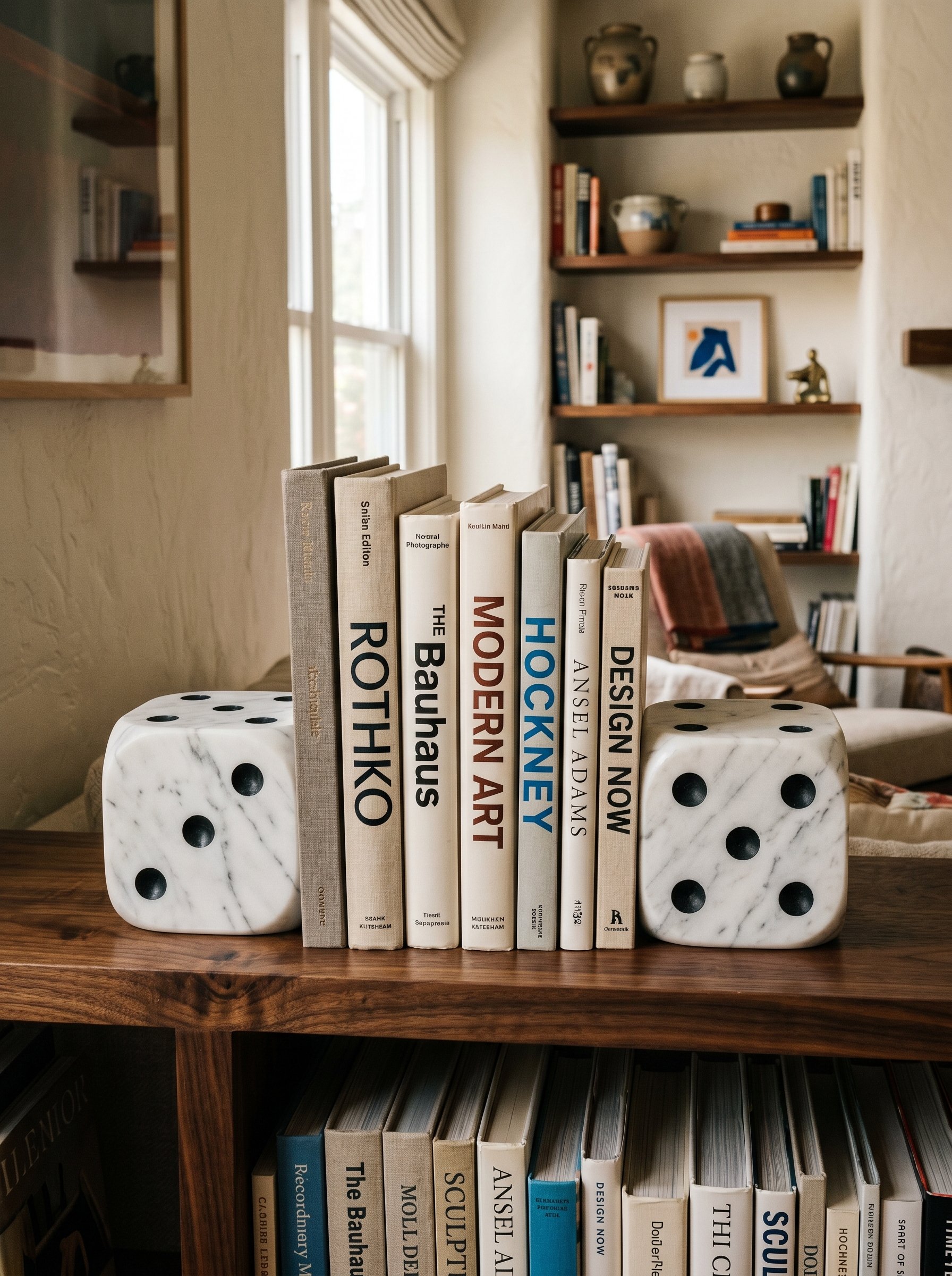 Photorealistic interior photo. Oversized heavy white marble dice acting as bookends on a walnut shelf, holding thick art books, close up. Editorial photography style, no people visible.