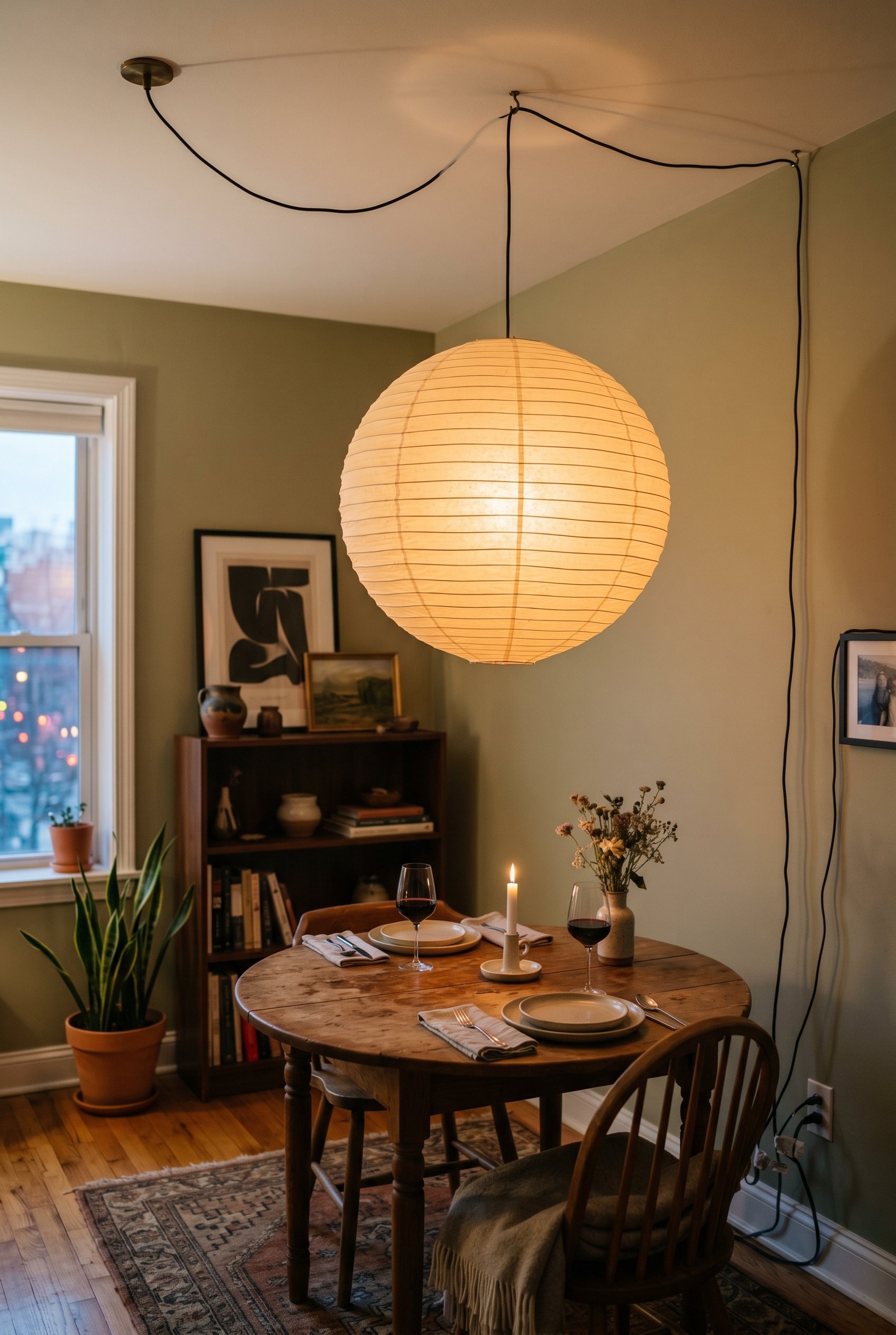 Photorealistic interior photo. Oversized paper lantern pendant light hung via an exposed black plug-in cord above a small wooden dining table, brass ceiling hook visible, moody evening lighting, low a