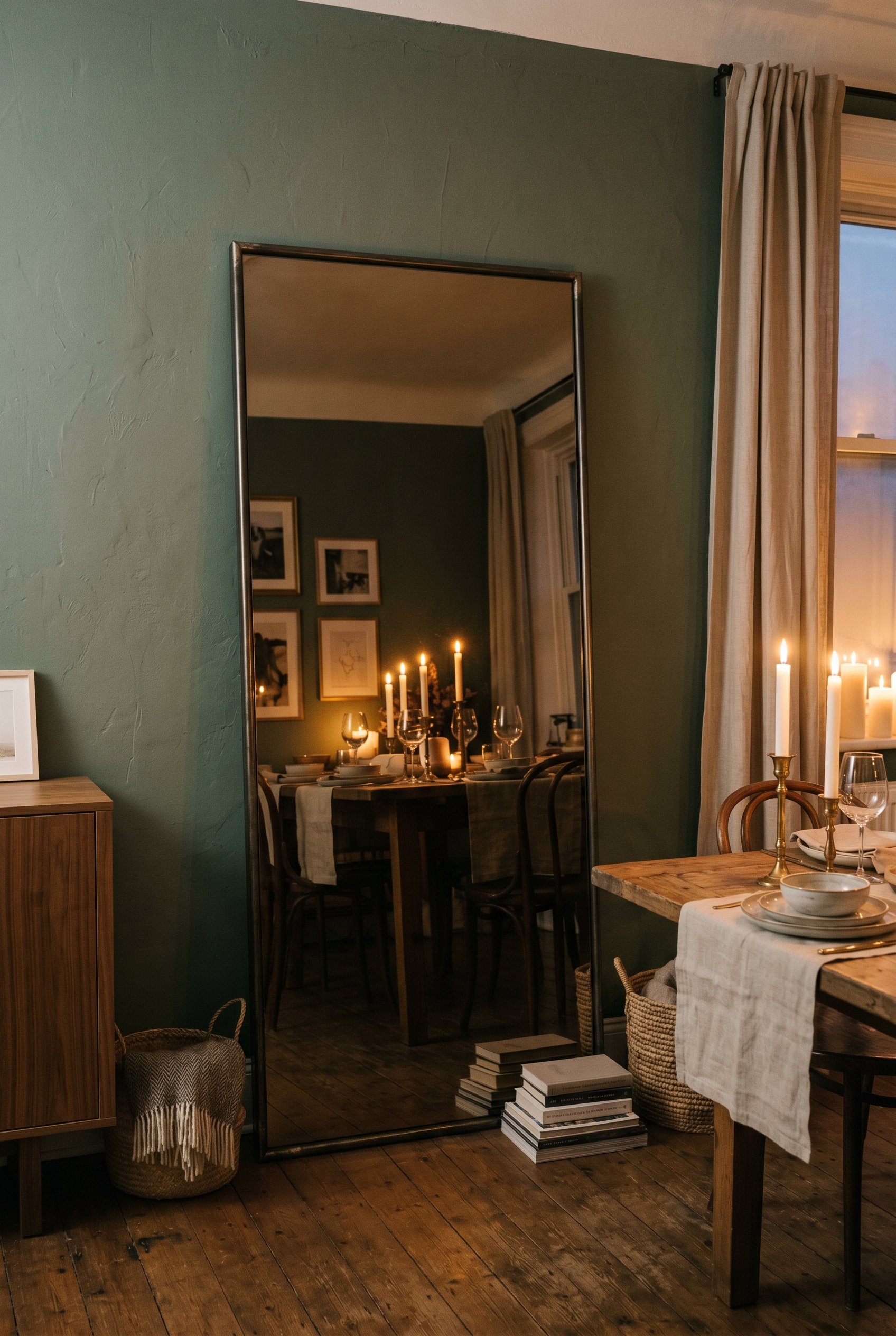 Photorealistic interior photo. Oversized smoked bronze-tinted floor mirror leaning against a dining room wall, reflecting a lit dining table. Moody candlelit atmosphere. Editorial photography style, n