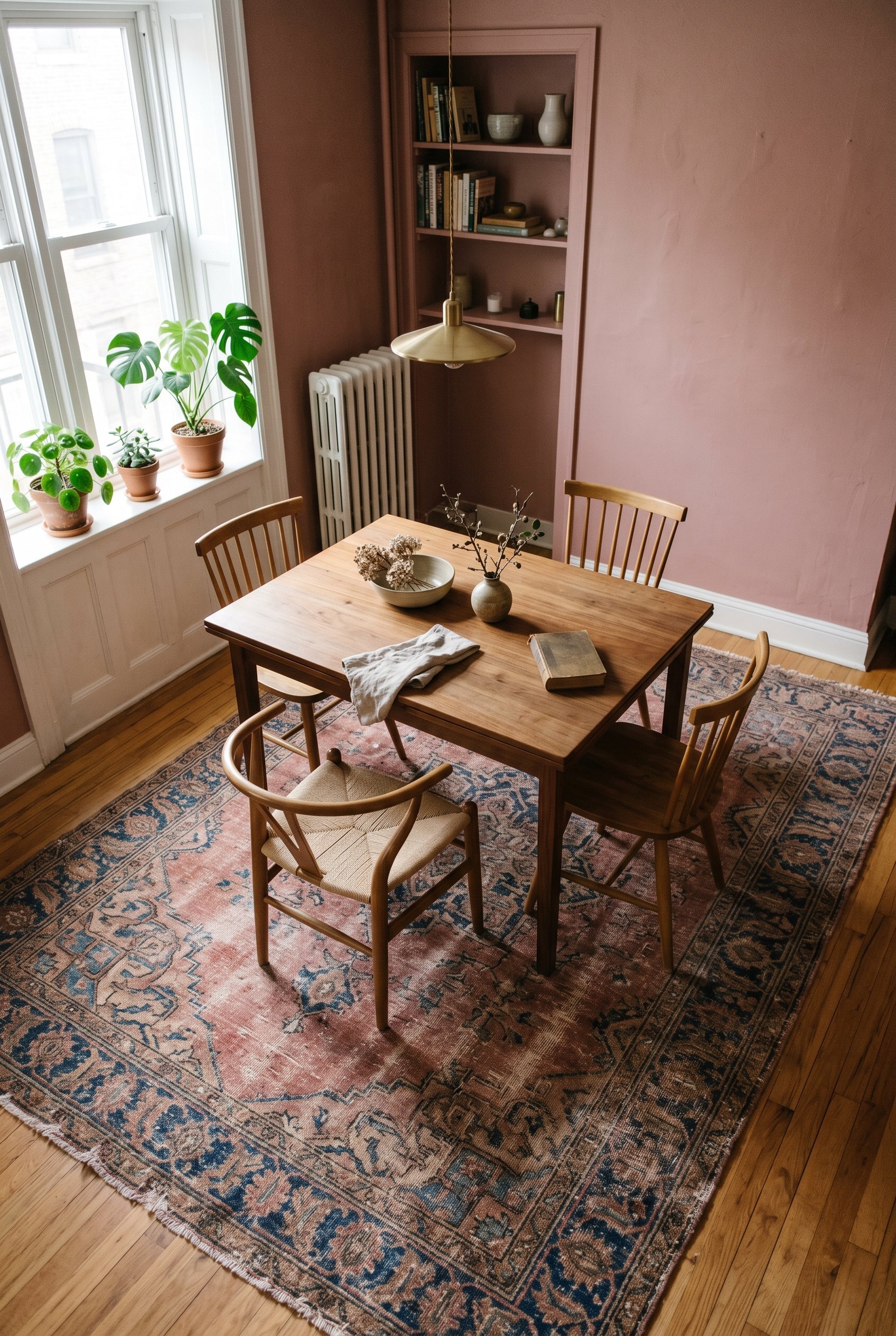 Photorealistic interior photo. Oversized vintage Persian rug with faded rose, navy, and brown threads under a simple dining table, dusty rose walls, natural lighting, high camera angle pointing down. 