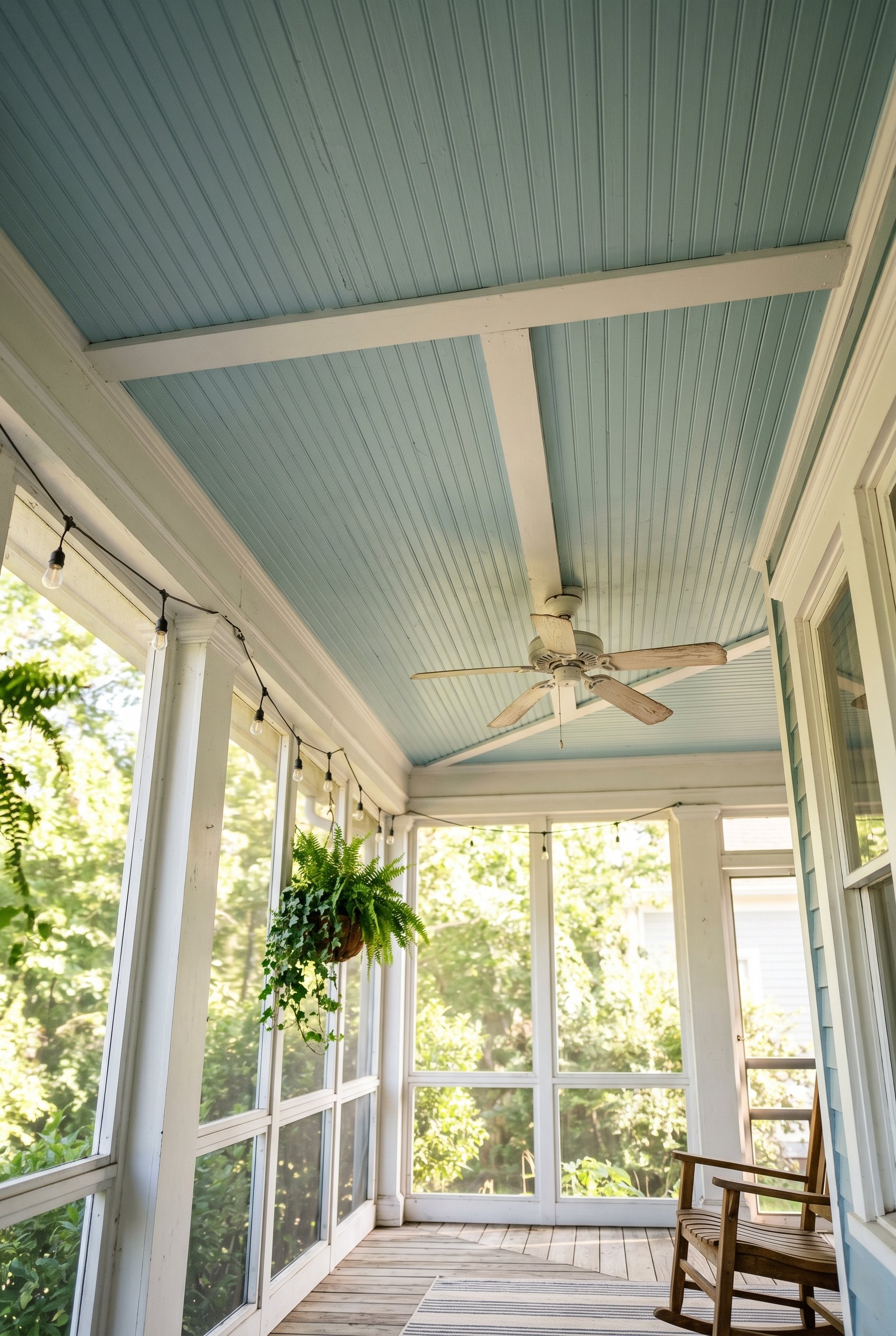 Photorealistic interior photo. Pale haint blue painted wooden porch ceiling, white trim, natural sunlight, looking up. Editorial photography style, no people visible.