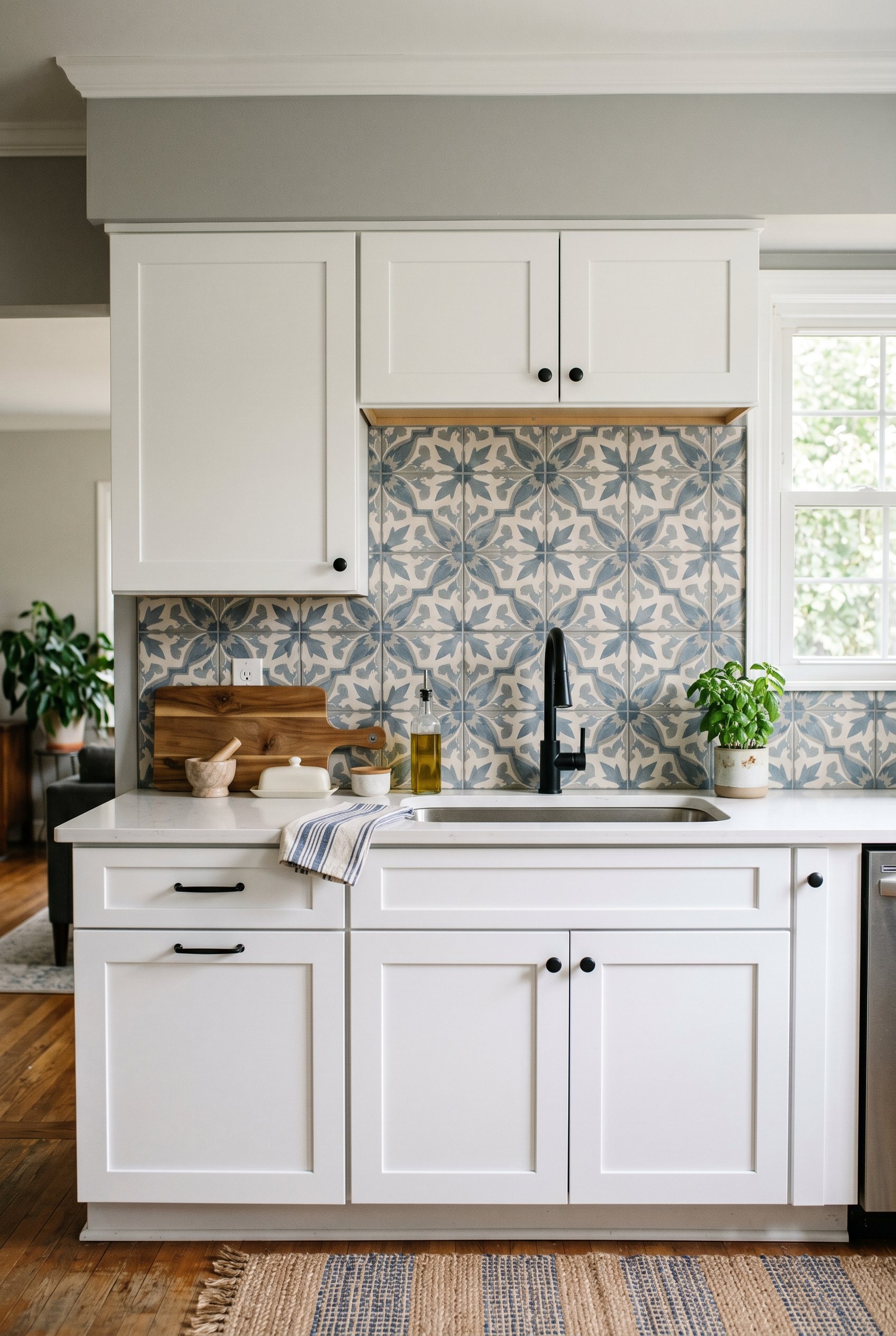Photorealistic interior photo. Patterned cement encaustic tile backsplash featuring muted blues and greys, bright white cabinets, clean modern styling. Editorial photography style, straight on angle,