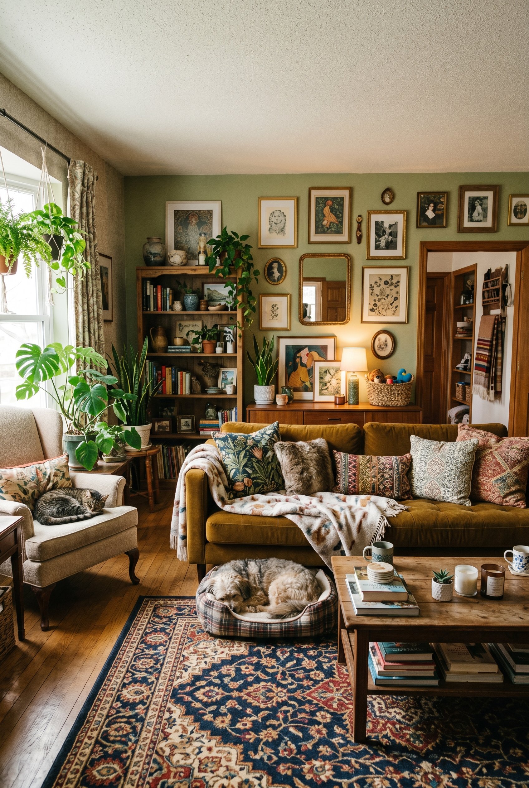 Photorealistic interior photo. Pet-friendly maximalist living room featuring a durable dark mustard performance velvet sofa and a dark, intricately patterned washable rug. Rich textures, natural light