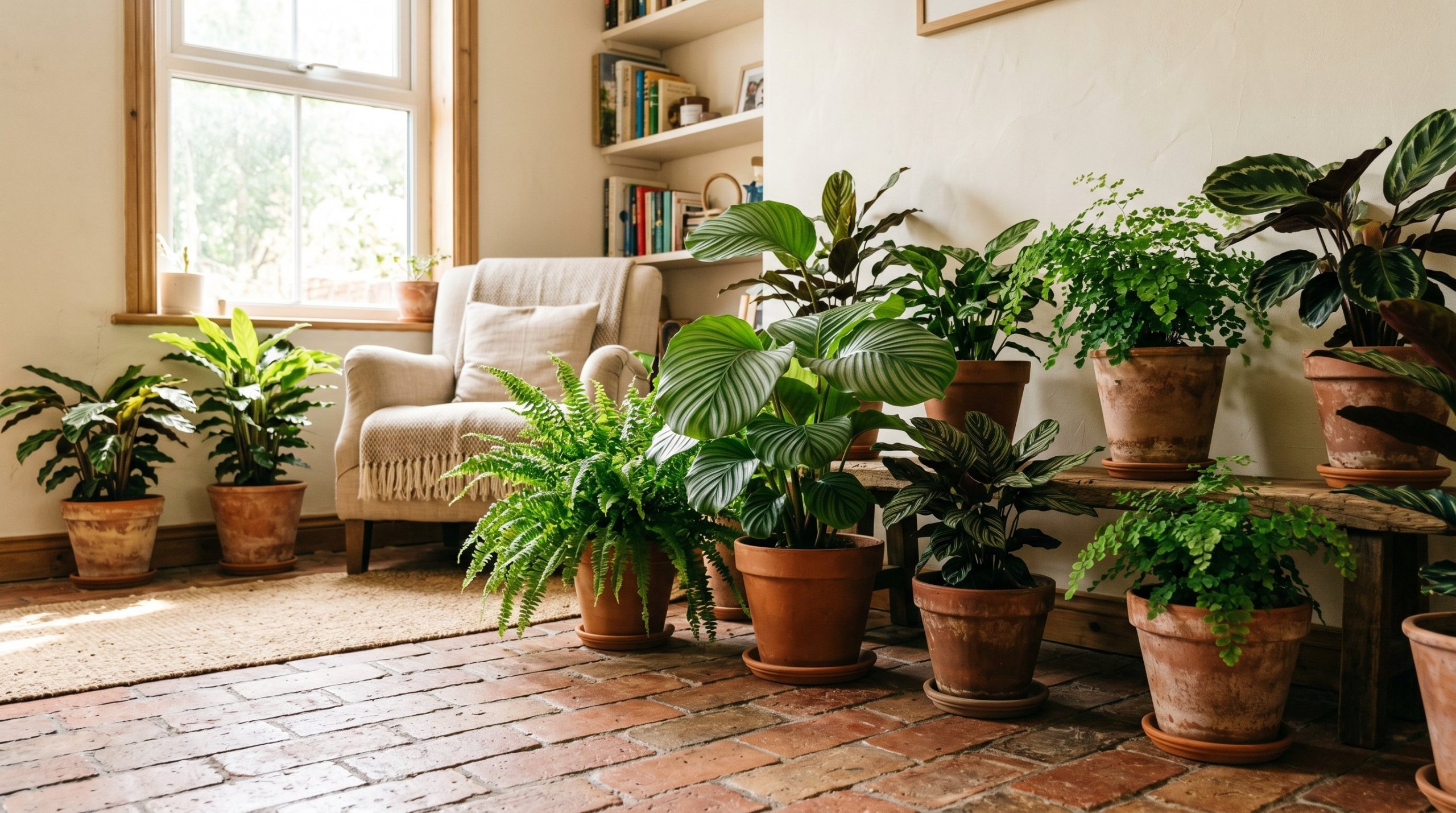 Photorealistic interior photo. Pet-safe plants like ferns and calatheas in textured terracotta pots, natural sunlight streaming in, warm brick flooring, low angle. Editorial photography style, no peop