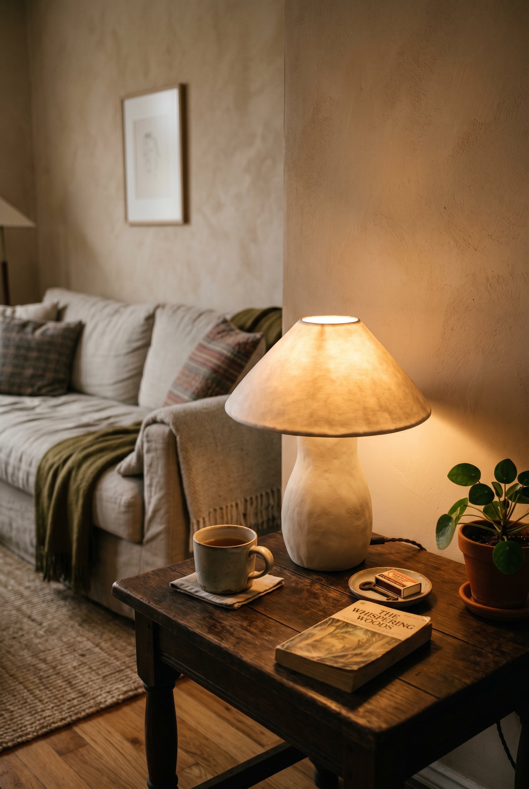 Photorealistic interior photo. Plaster mushroom-shaped table lamp resting on a dark wood side table, moody warm lighting, close up angle. Editorial photography style, no people visible.