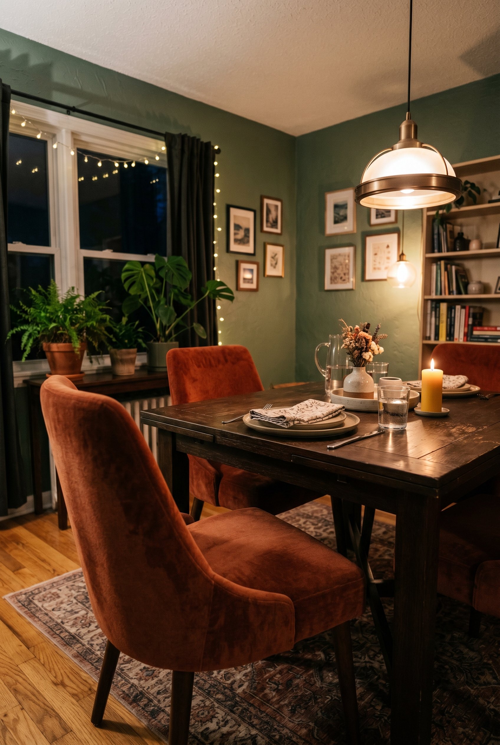 Photorealistic interior photo. Plush rust-colored performance velvet dining chairs around a dark wood table, moody evening lighting, close-up angled shot. Editorial photography style, no people visibl