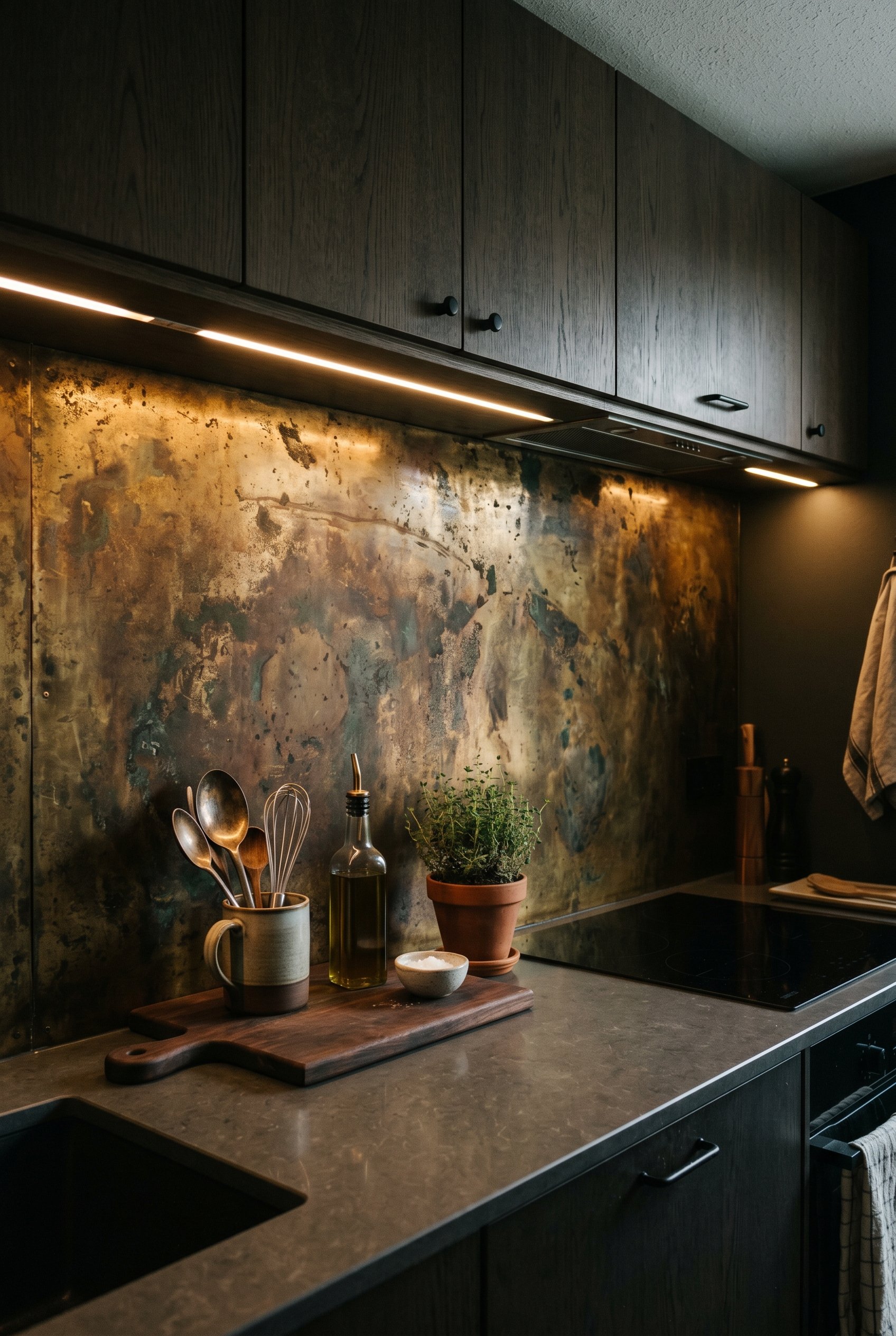 Photorealistic interior photo. Raw brass sheet backsplash showing heavy natural patina and oxidation. Dark modern kitchen, dramatic under-cabinet lighting, close-up texture shot. Editorial photography