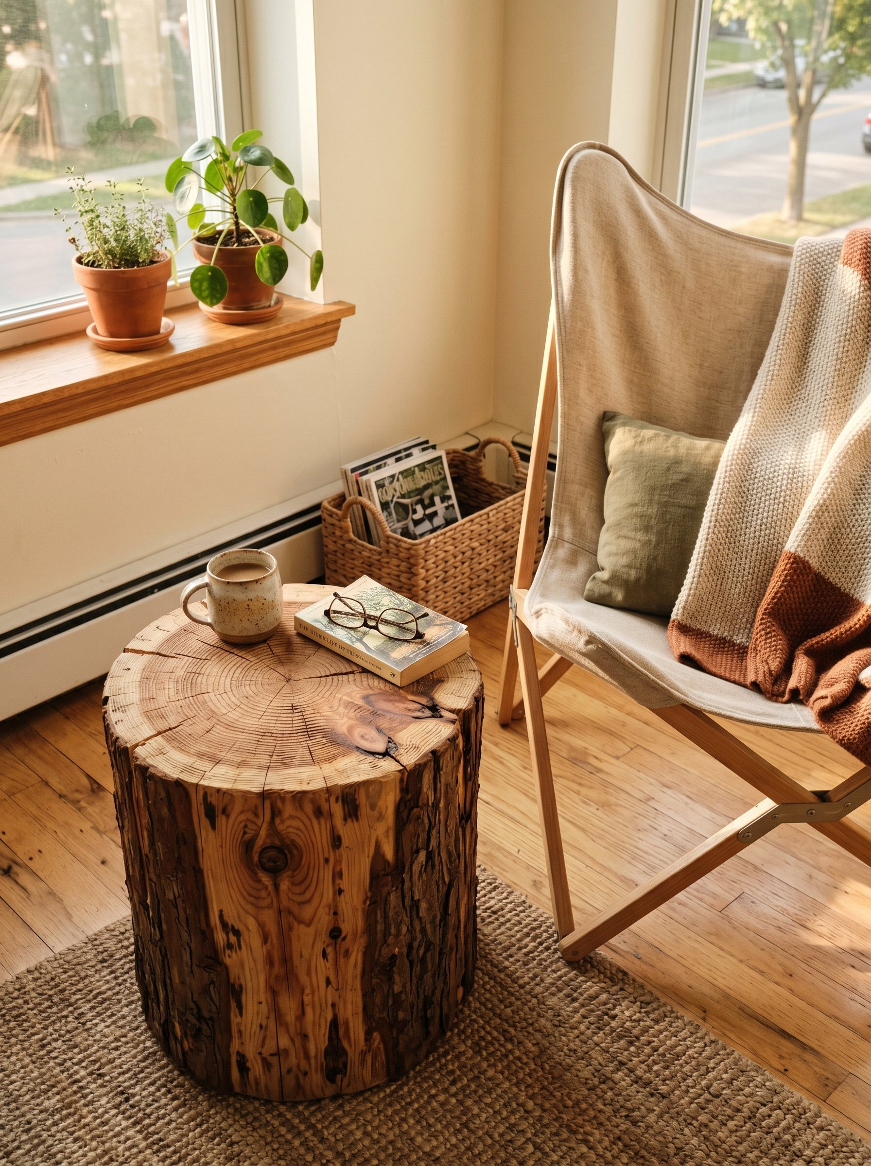 Photorealistic interior photo. Raw cedar stump stool sitting next to a canvas patio chair, natural wood rings visible, warm sunlight, close-up angle. Editorial photography style, no people visible.