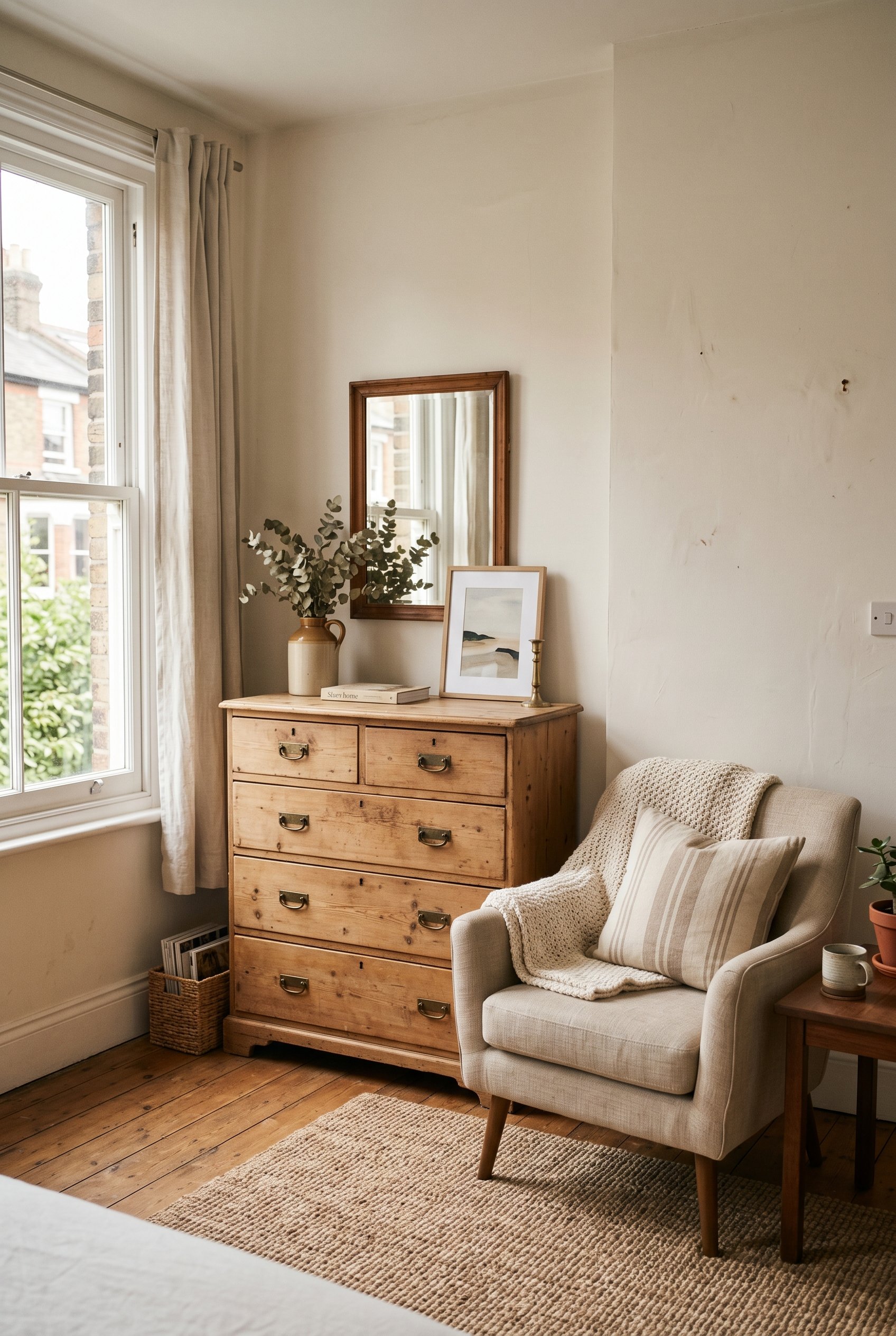 Photorealistic interior photo. Raw, sanded antique pine dresser mixed with a modern beige linen chair. Curated imperfection, natural daylight streaming in. Editorial photography style, no people visib