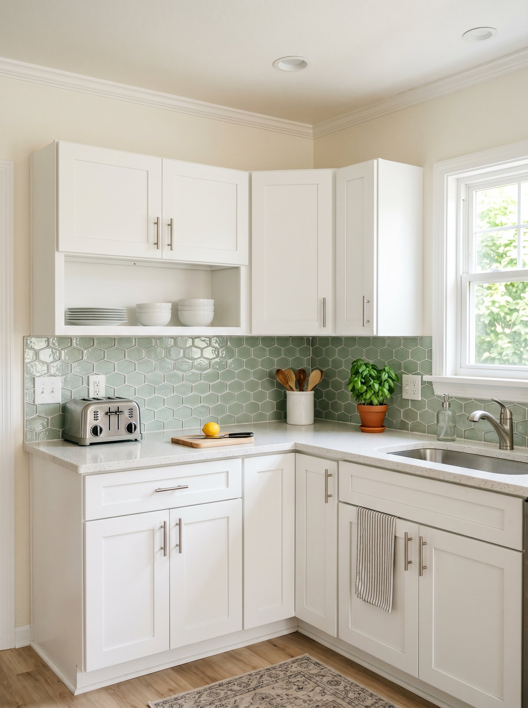 Photorealistic interior photo. Realistic peel-and-stick glass look tile backsplash, bright white rental kitchen cabinets, clean basic styling, bright lighting. Editorial photography style, straight on