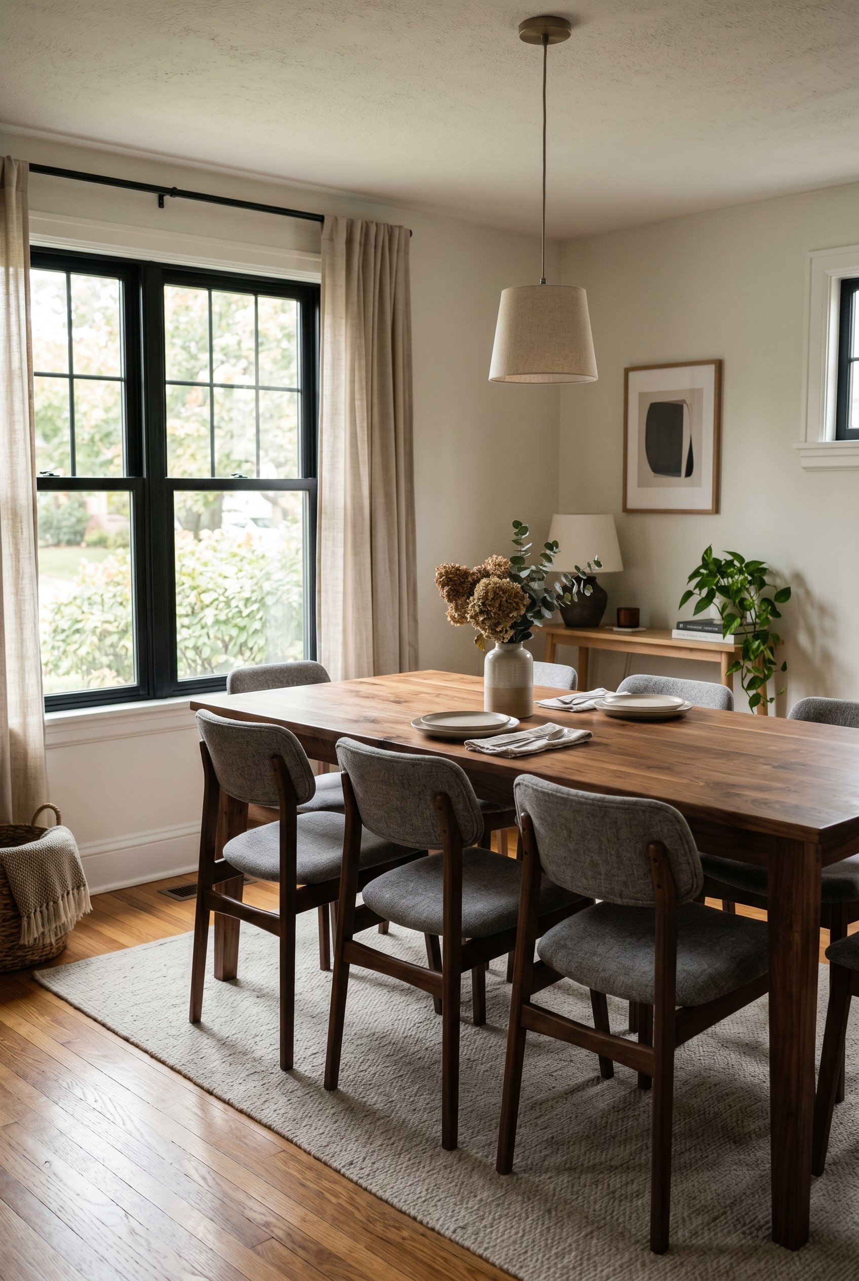 Photorealistic interior photo. Reclaimed solid walnut dining table showing natural wood grain, minimalist contemporary chairs, soft diffused lighting, angled side shot. Editorial photography style, no