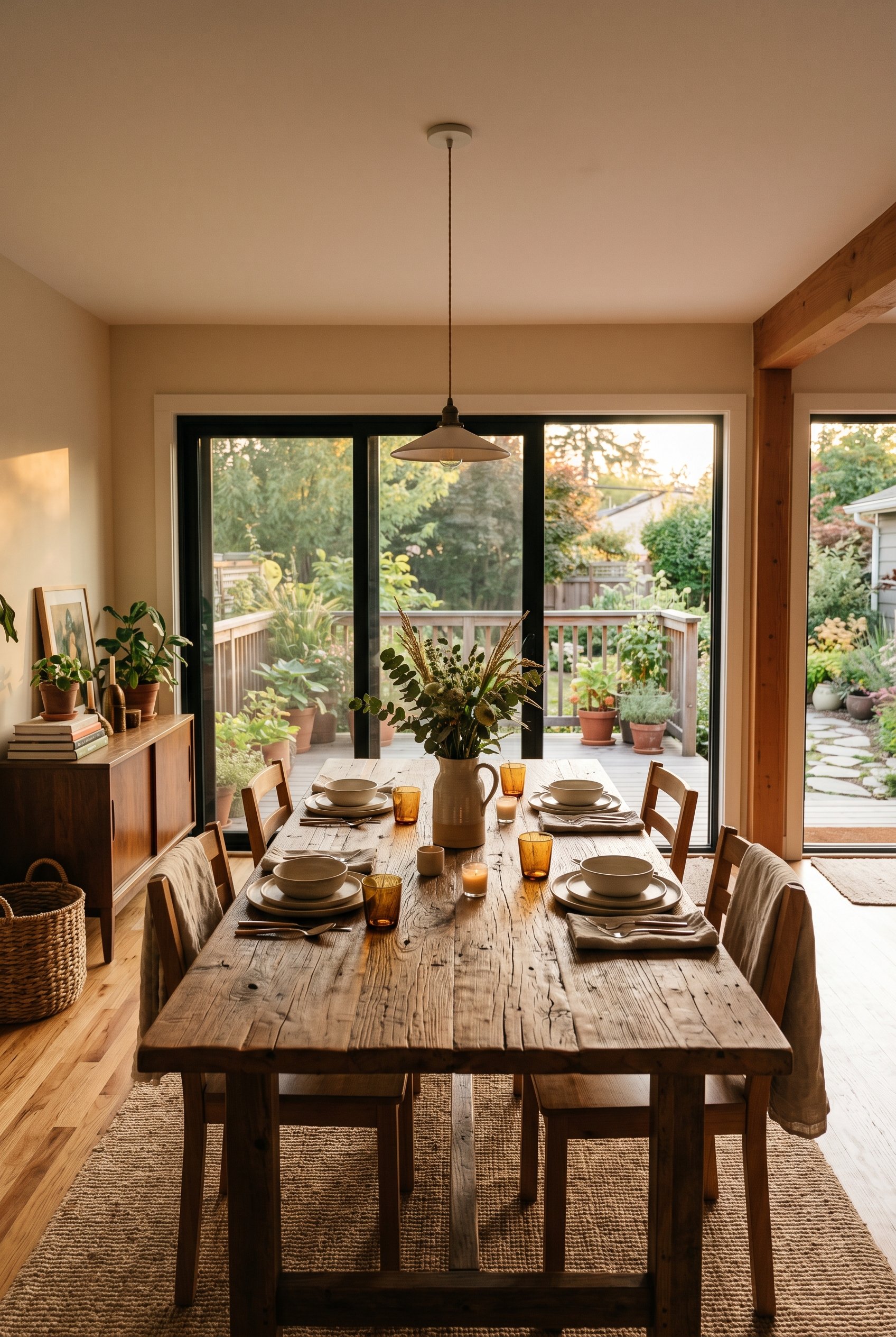 Photorealistic interior photo. Reclaimed wood dining table treated with matte oil, rugged timber grain, outdoor dining setup, golden hour lighting, wide angle. Editorial photography style, no people v