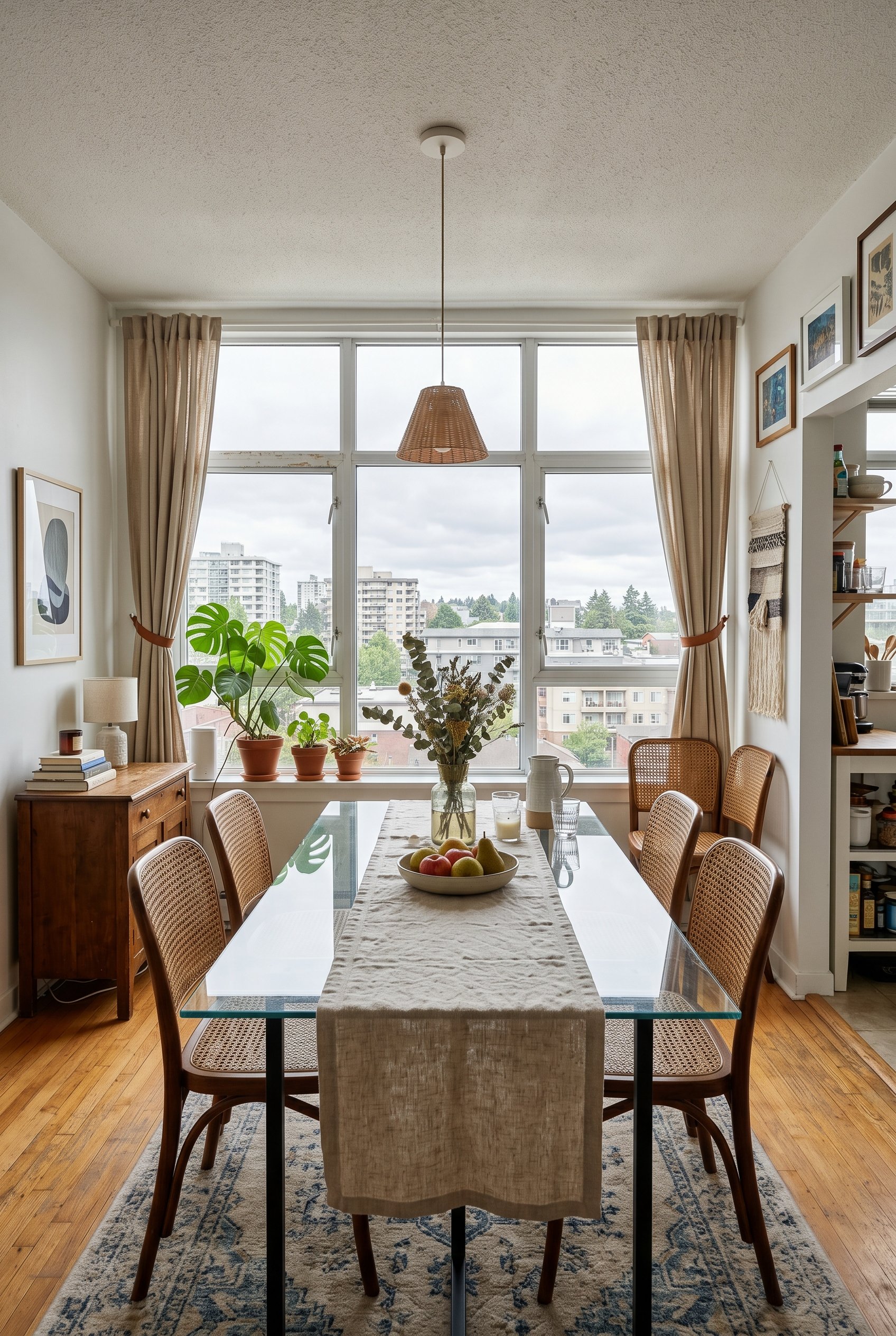 Photorealistic interior photo. Rectangular glass dining table pushed flush against a large apartment window, heavy linen runner down center, woven chairs, bright overcast daylight, wide angle. Editori