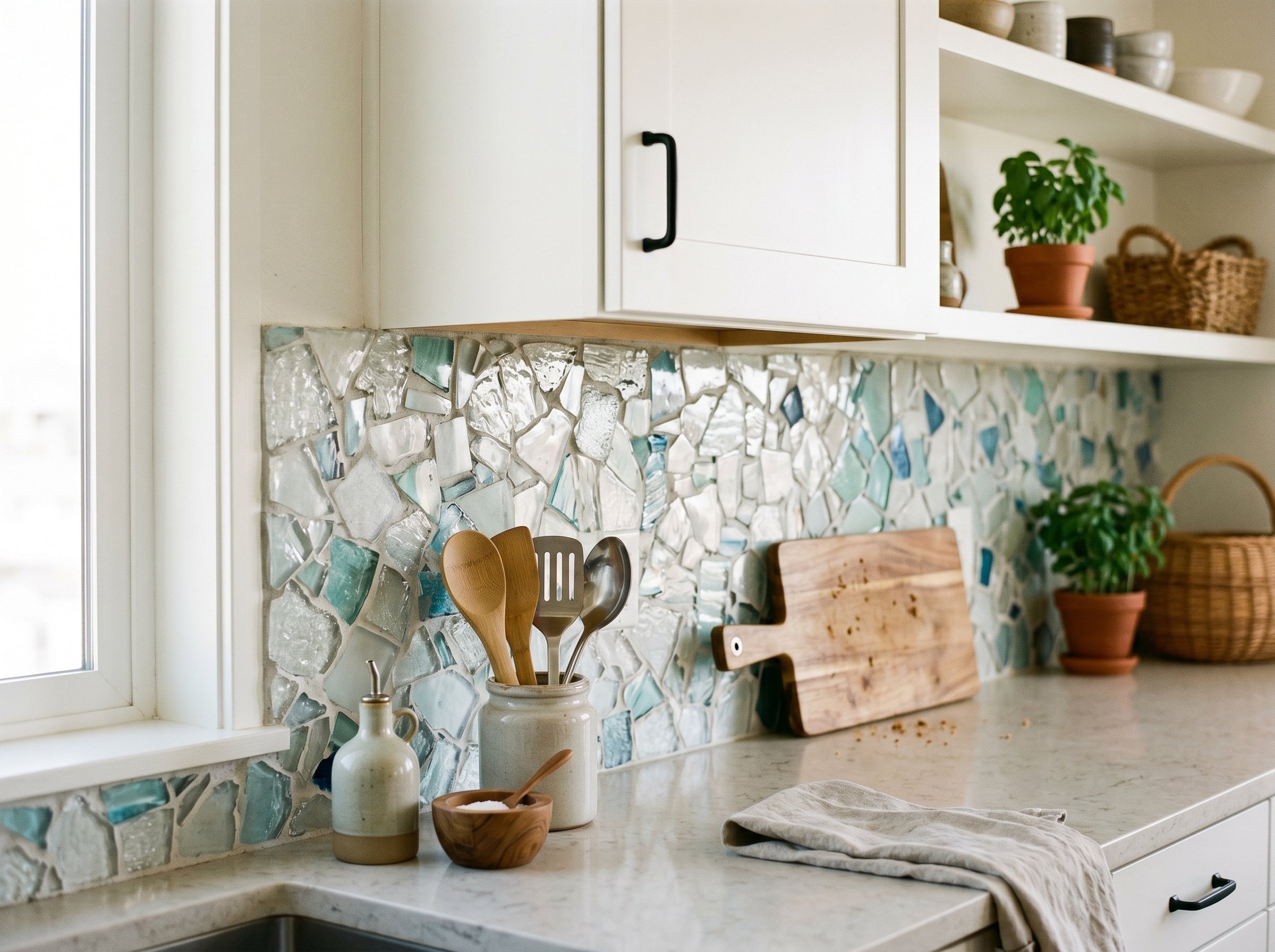 Photorealistic interior photo. Recycled glass slab backsplash in white and subtle blue tones. Eco-friendly modern kitchen, bright natural lighting, close-up texture shot. Editorial photography style,