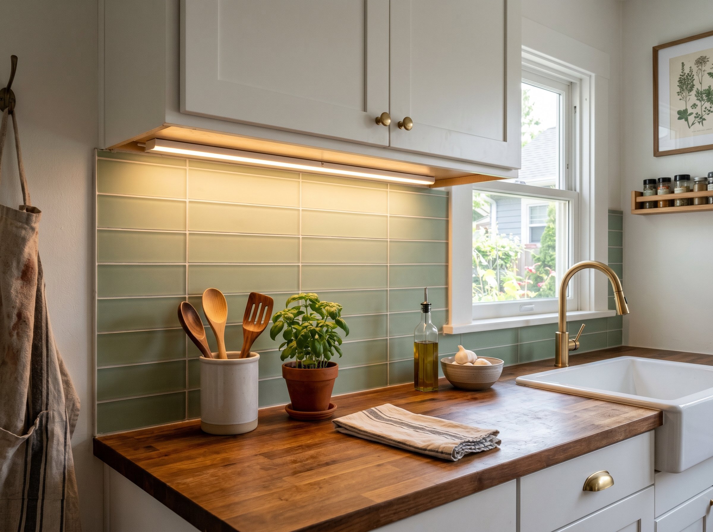 Photorealistic interior photo. Recycled matte glass subway tiles in a soft sage green, straight set pattern, warm LED under-cabinet lighting. Editorial photography style, no people visible.
