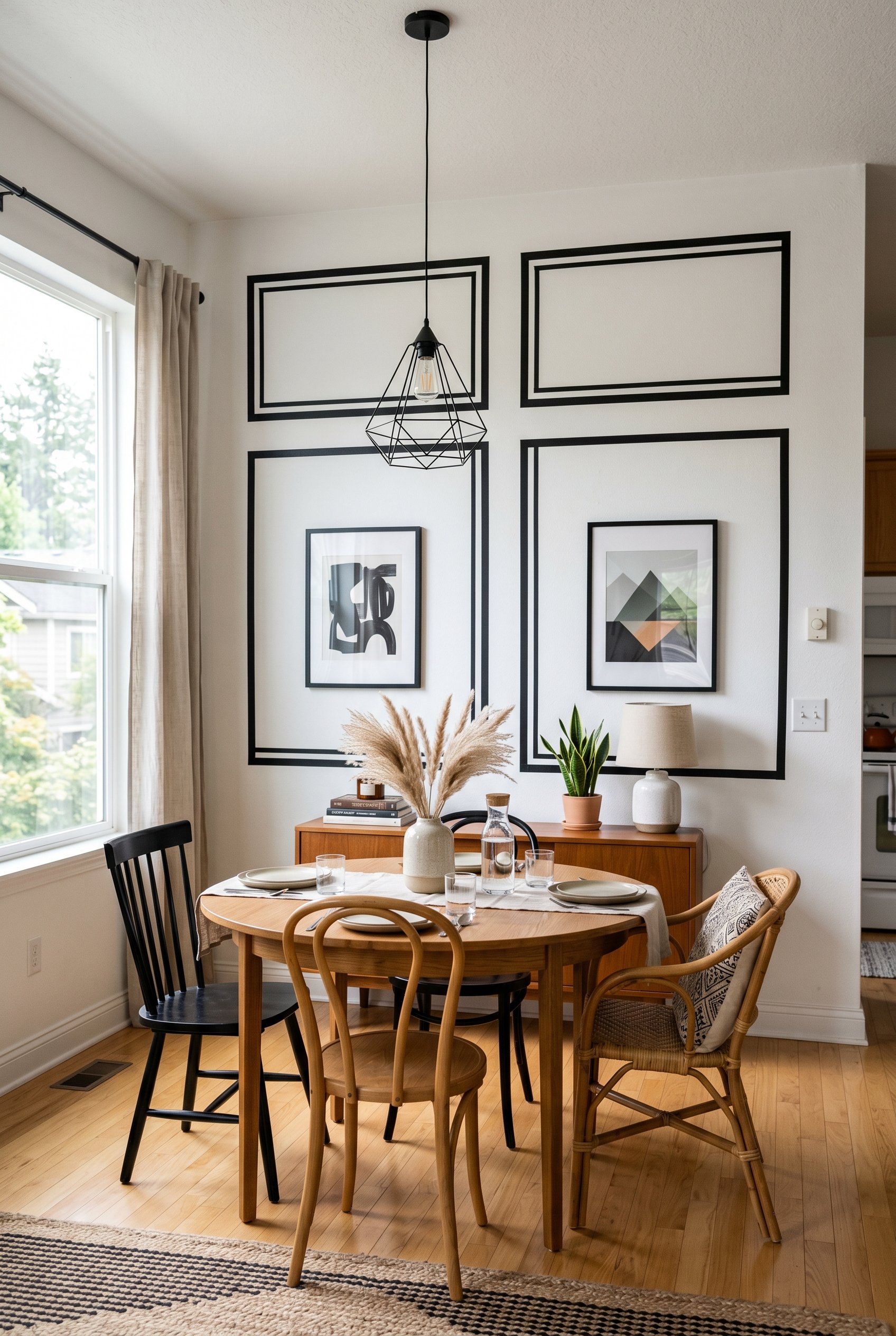 Photorealistic interior photo. Renter-friendly dining room wall featuring fake architectural picture frame molding made from black washi tape on a white wall. Graphic, modern look. Editorial photograp