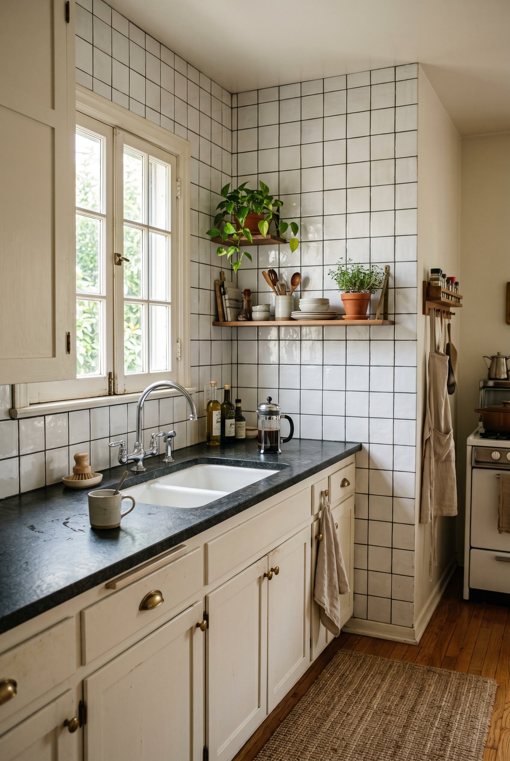 Photorealistic interior photo. Retro 4x4 square white ceramic tiles stacked in a perfect straight grid, slightly varied white glazes, dark countertops, 90s revival aesthetic. Editorial photography sty