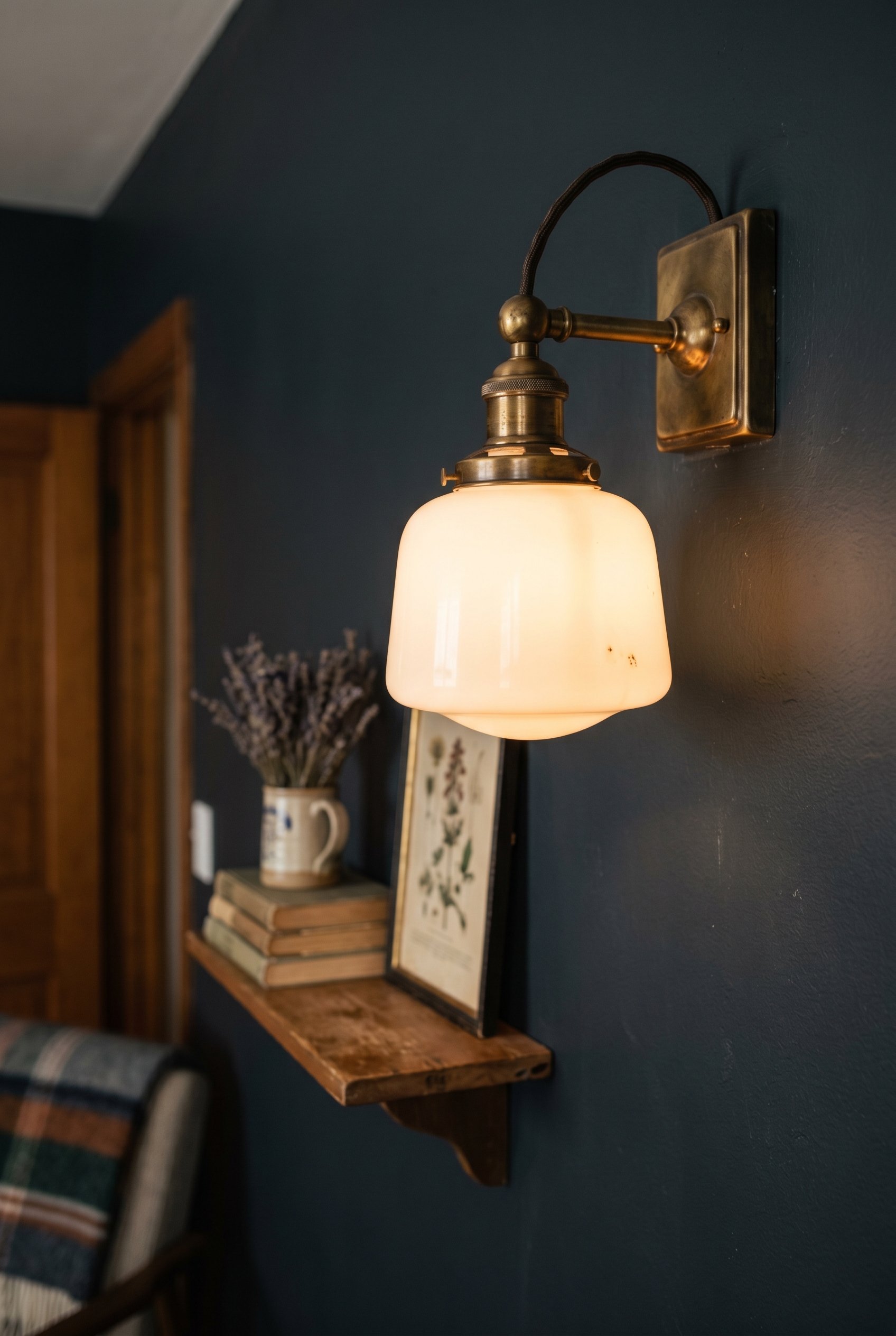 Photorealistic interior photo. Rewired vintage brass and milk glass wall sconce mounted on a dark painted wall, warm glowing light, close-up macro shot. Editorial photography style, no people visible.