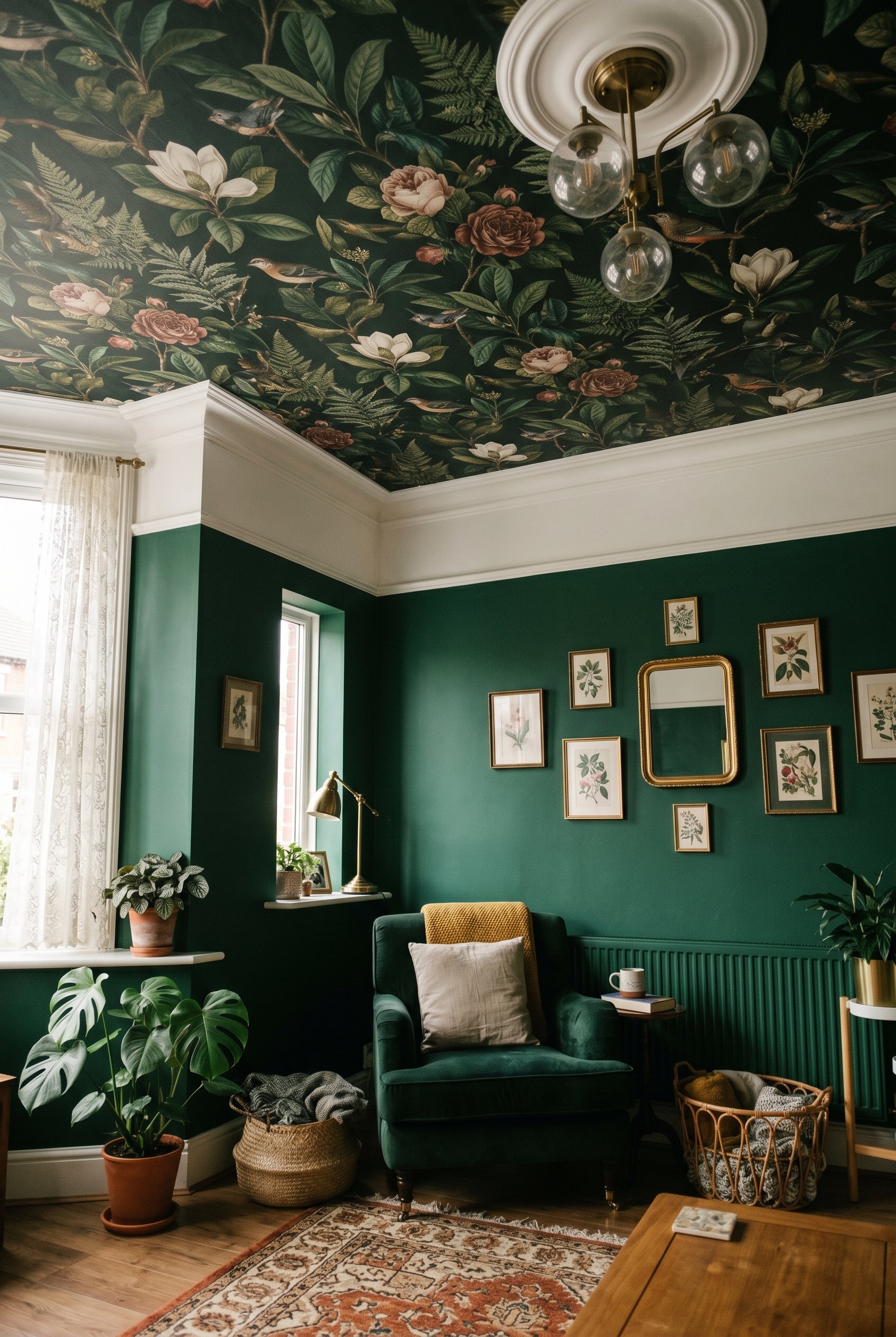 Photorealistic interior photo. Room with deep emerald green painted walls and a dramatic botanical vintage wallpaper installed exclusively on the ceiling, looking up from the floor. Editorial photogra
