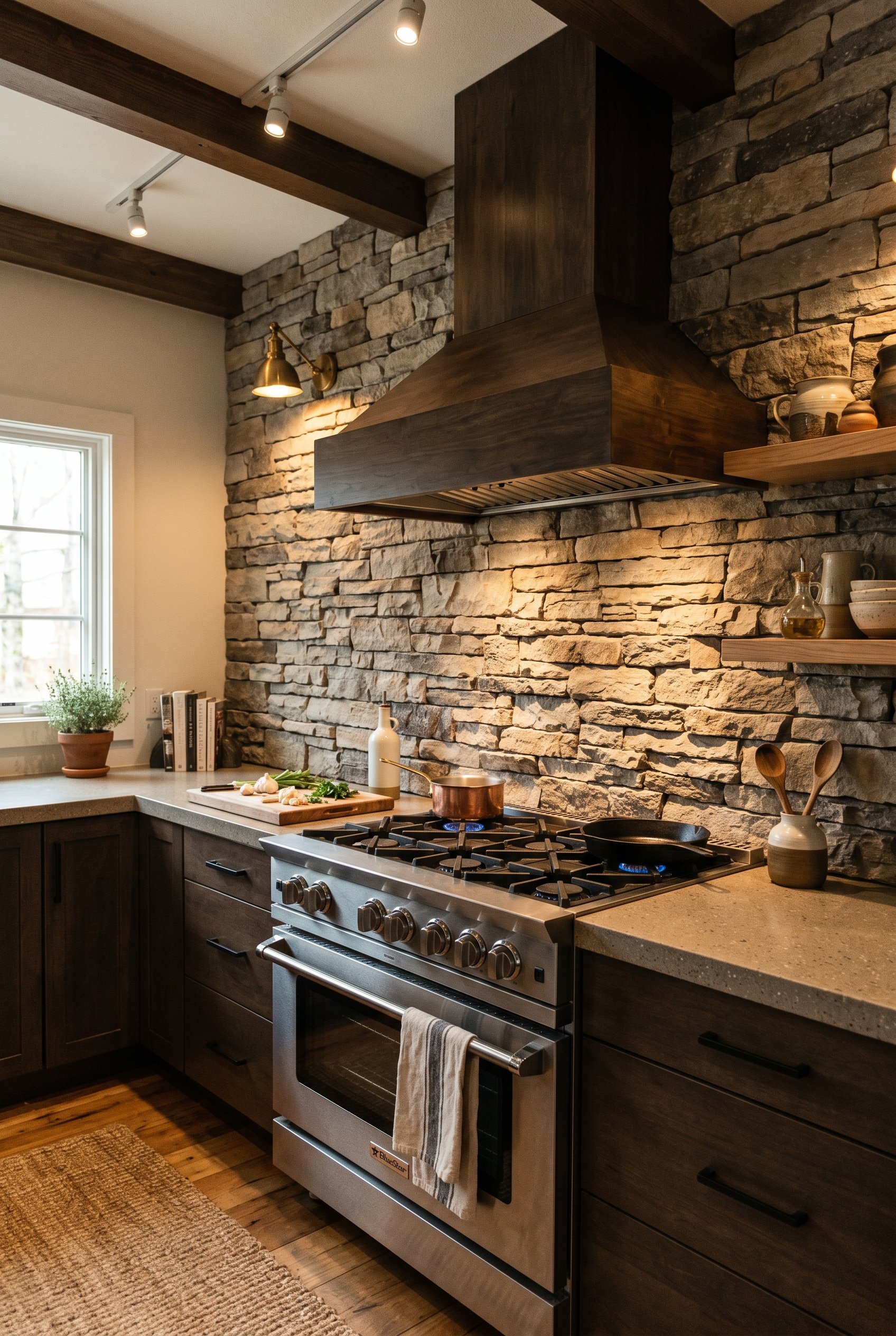 Photorealistic interior photo. Rough cut stacked stone backsplash behind a heavy-duty range. Warm organic modern kitchen, dramatic directional lighting highlighting the stone texture, angled shot. Edi
