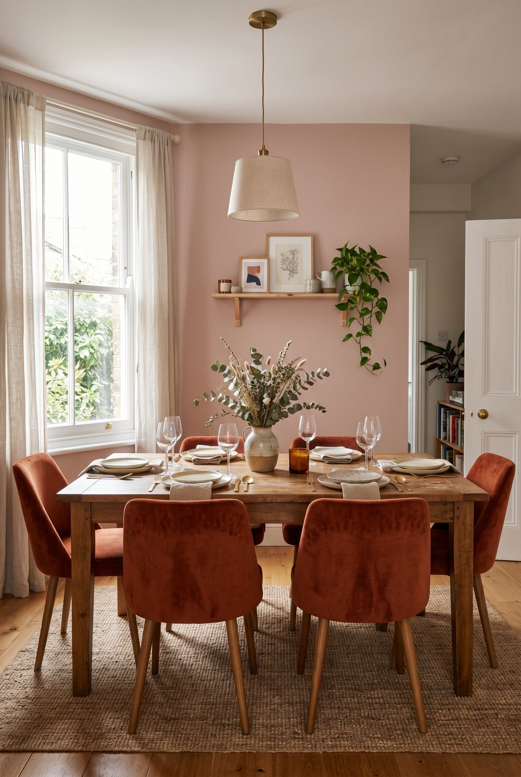 Photorealistic interior photo. Rust burnt orange velvet dining chairs pulled up to a wooden table, dusty rose wall background, natural soft window lighting, straight-on camera angle. Editorial photogr
