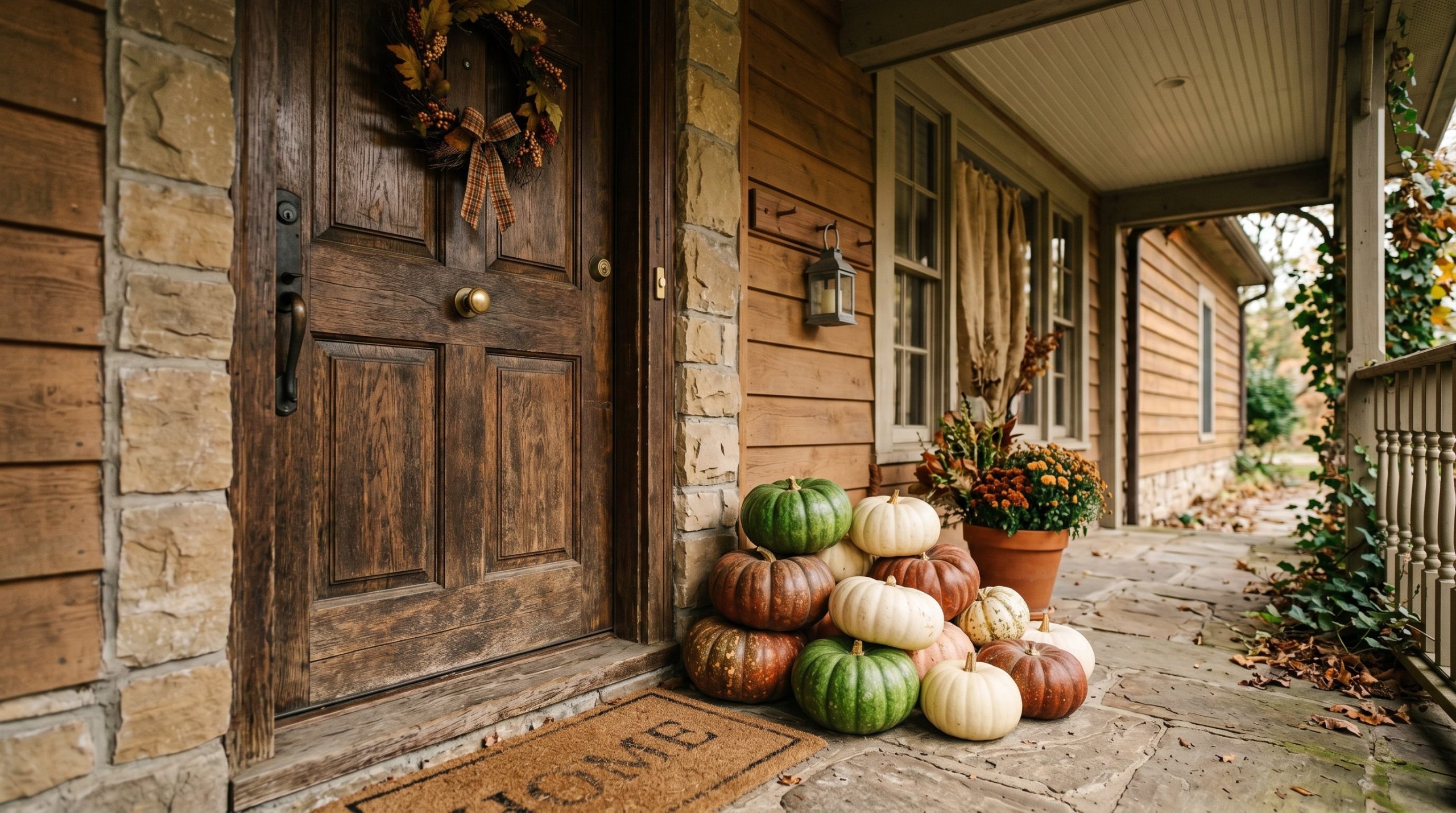 Photorealistic interior photo. Rustic front porch, asymmetrical pile of green, white, and rust-colored Cinderella heirloom pumpkins on one side of a wooden door, overcast autumn daytime lighting, low 