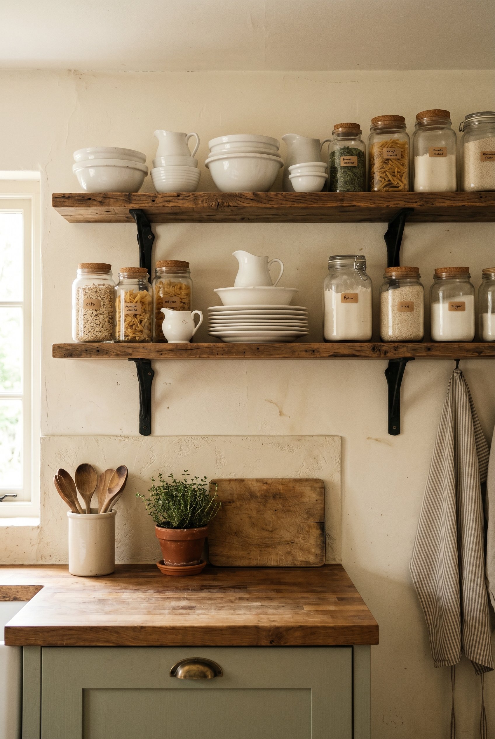 Photorealistic interior photo. Rustic reclaimed wood open shelving in a cottage kitchen on black iron brackets, stacked with white ironstone bowls and glass jars. Editorial photography style, soft mor