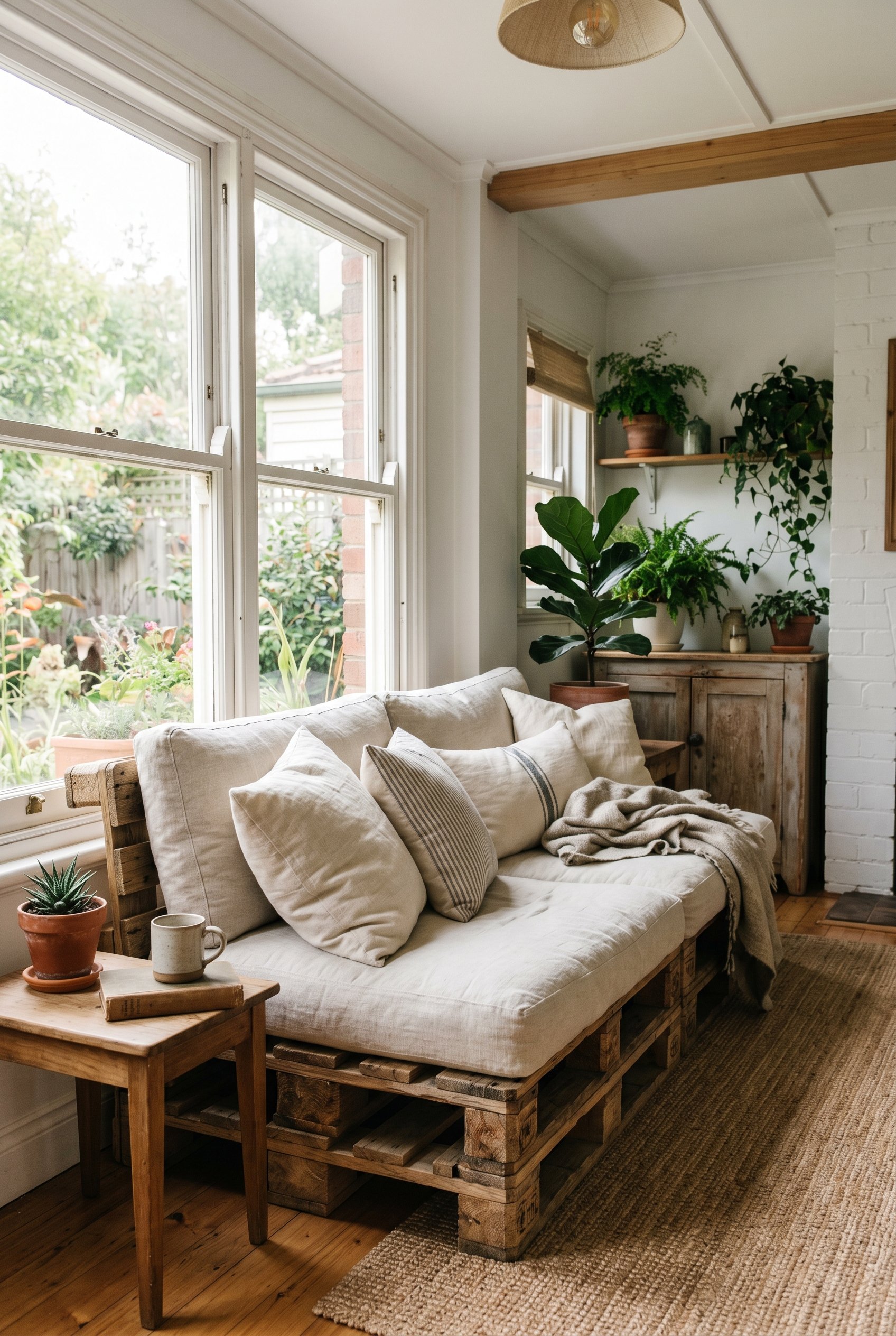 Photorealistic interior photo. Sanded wood pallet outdoor sofa with linen cushions, raw timber texture, natural sunlight, eye-level camera angle. Editorial photography style, no people visible.