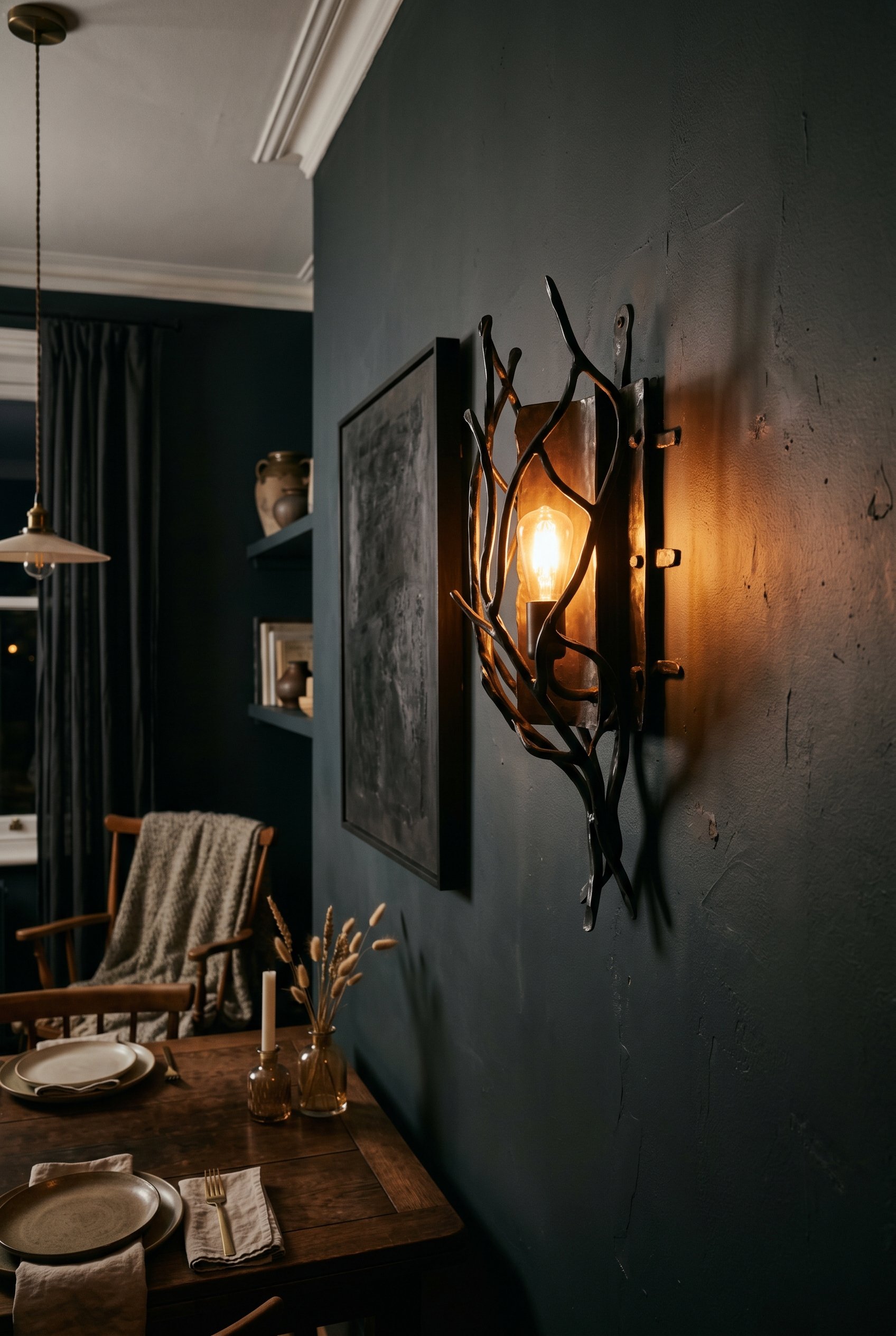Photorealistic interior photo. Sculptural blackened steel wall sconce glowing warmly against a moody painted dining room wall, low-level ambient lighting, close-up shot. Editorial photography style, n