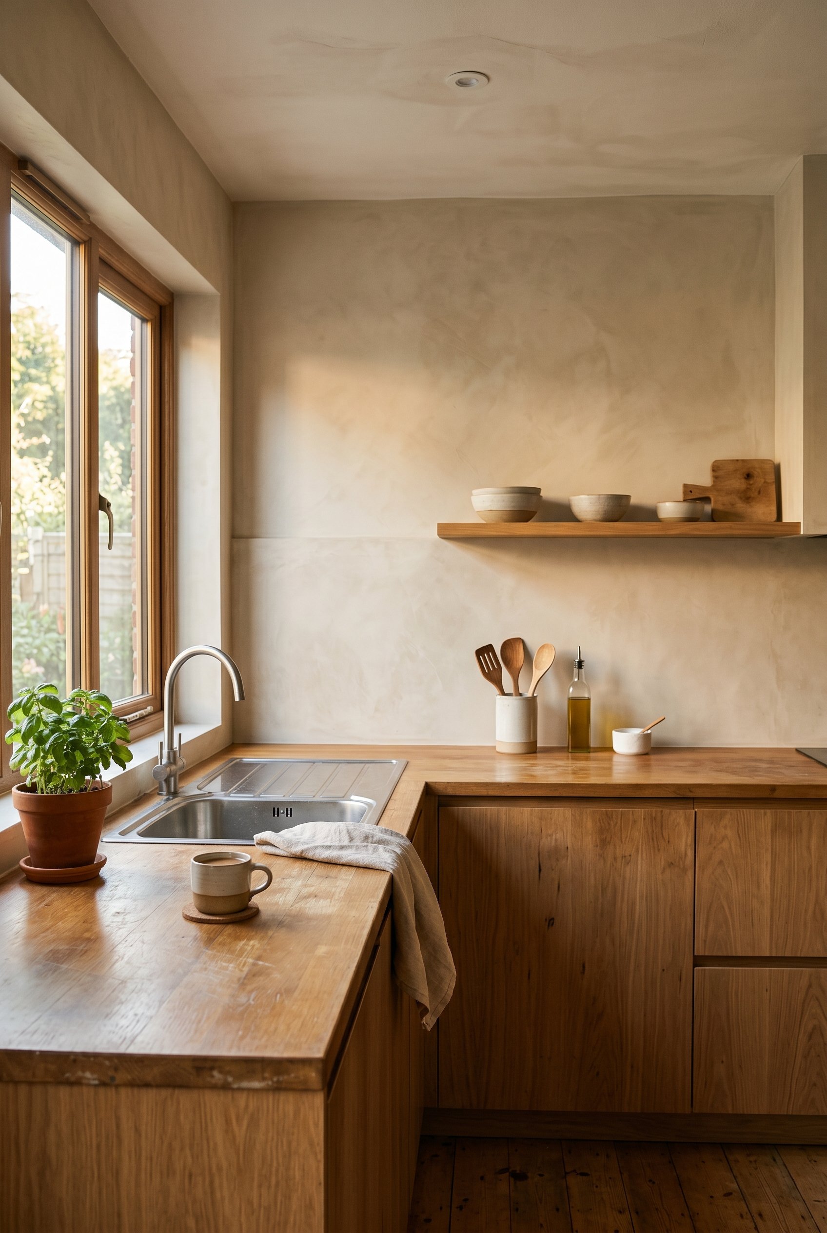 Photorealistic interior photo. Seamless beige microcement backsplash and wall in a minimalist kitchen. Warm sunlight, soft shadows, straight-on medium shot. Editorial photography style, no people visi