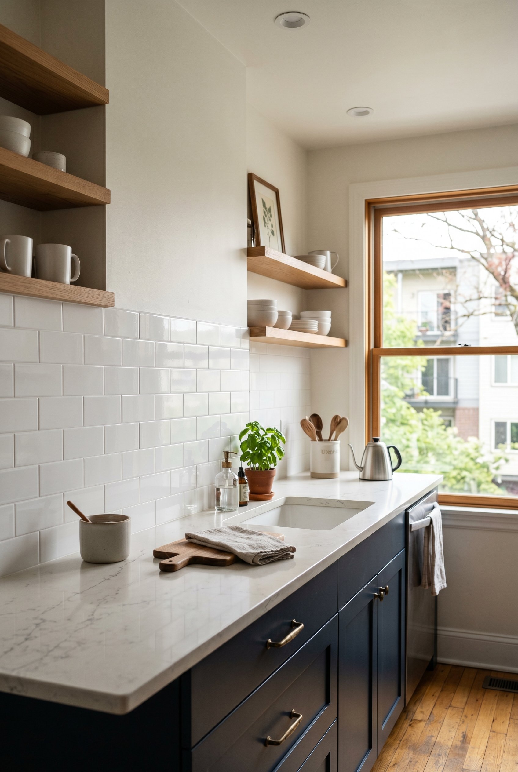 Photorealistic interior photo. Seamless-looking white subway tile backsplash with pure white epoxy grout, extremely thin 1/16th grout lines creating an illusion of a solid slab, hyper-minimalist styli