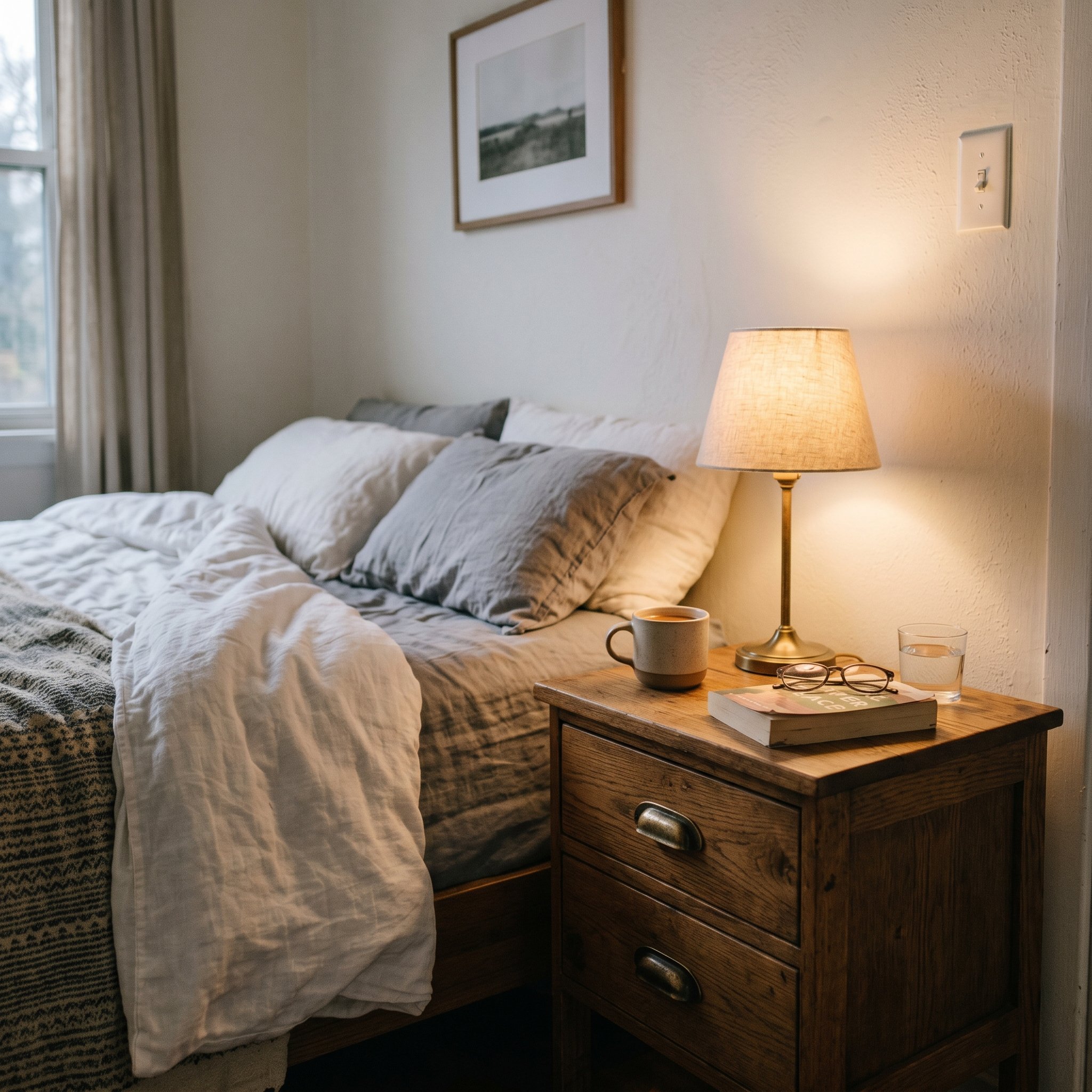 Photorealistic interior photo. Simple wooden bedroom nightstand featuring unlacquered brass drawer pulls with natural dark patina, soft bedside lamp lighting, close-up detail camera angle. Editorial p