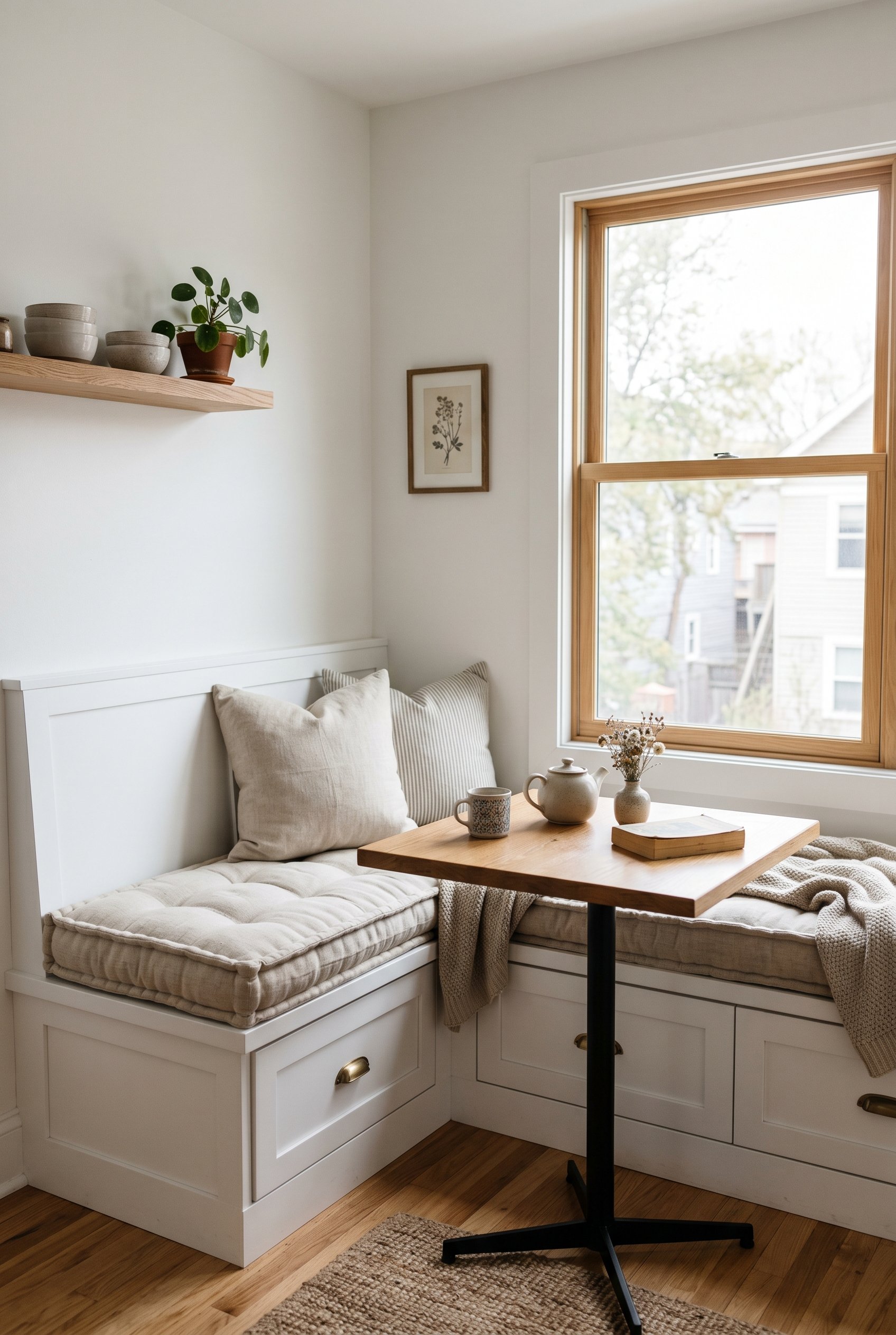 Photorealistic interior photo. Sleek built-in style bench seating against a white wall, custom french mattress cushion, small square bistro table, natural window light, medium wide shot. Editorial pho