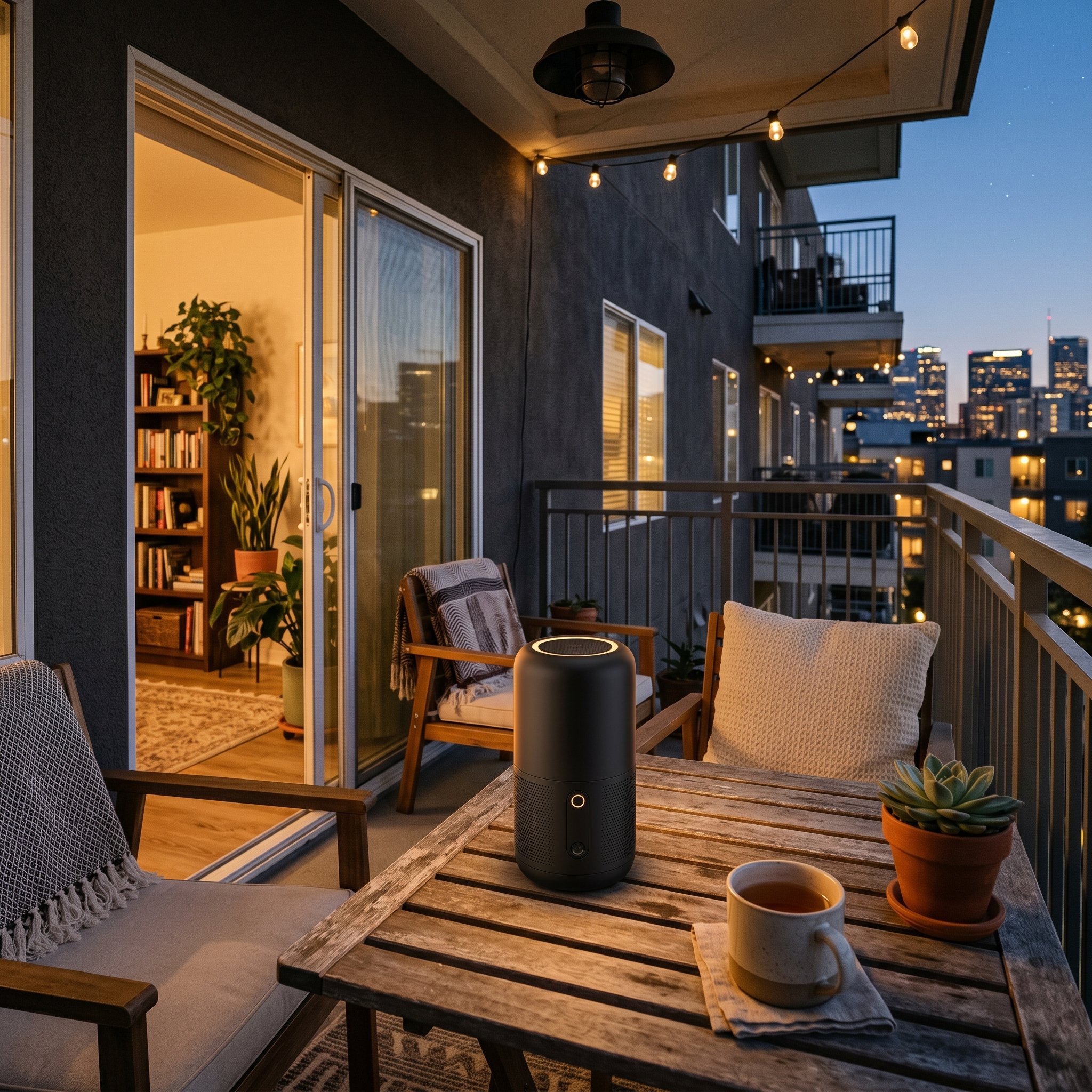 Photorealistic interior photo. Sleek modern black matte bug repeller lantern sitting on an outdoor balcony table, looking like a high-end speaker, twilight lighting. Editorial photography style, no pe