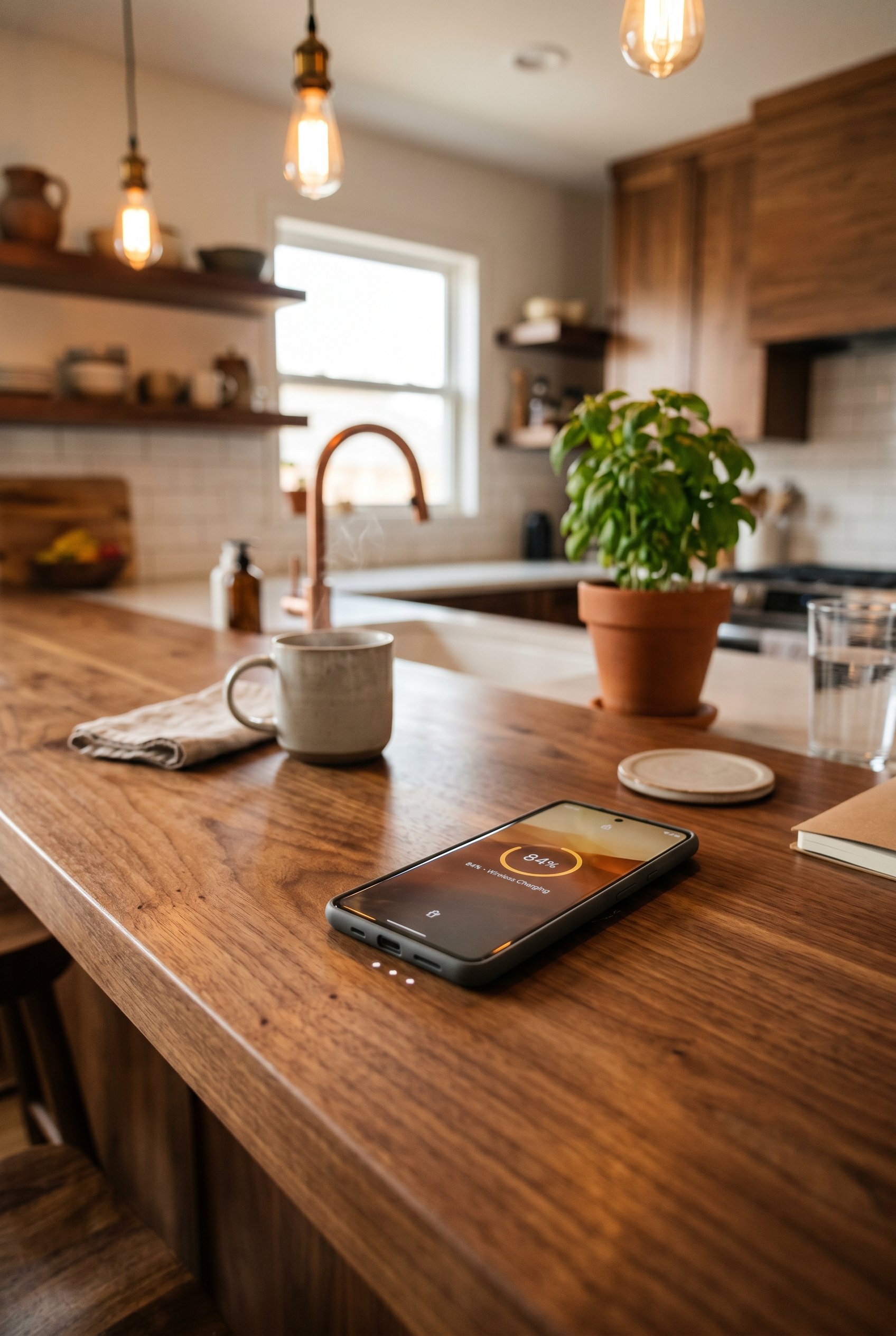Photorealistic interior photo. Sleek solid walnut wood breakfast bar counter with a modern smartphone resting directly on the wood, charging wirelessly from an invisible internal charger. Warm overhea