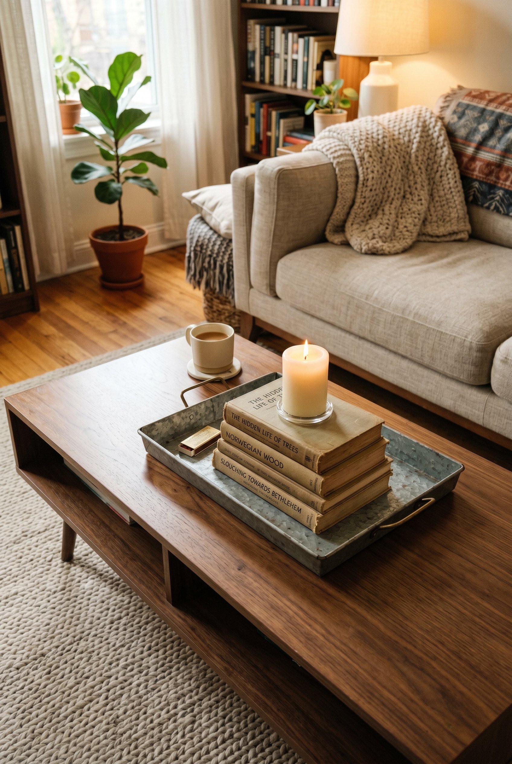 Photorealistic interior photo. Sleek wood coffee table featuring a low galvanized metal tray holding a stack of vintage books and a white pillar candle, warm interior lighting, top-down angled camera 