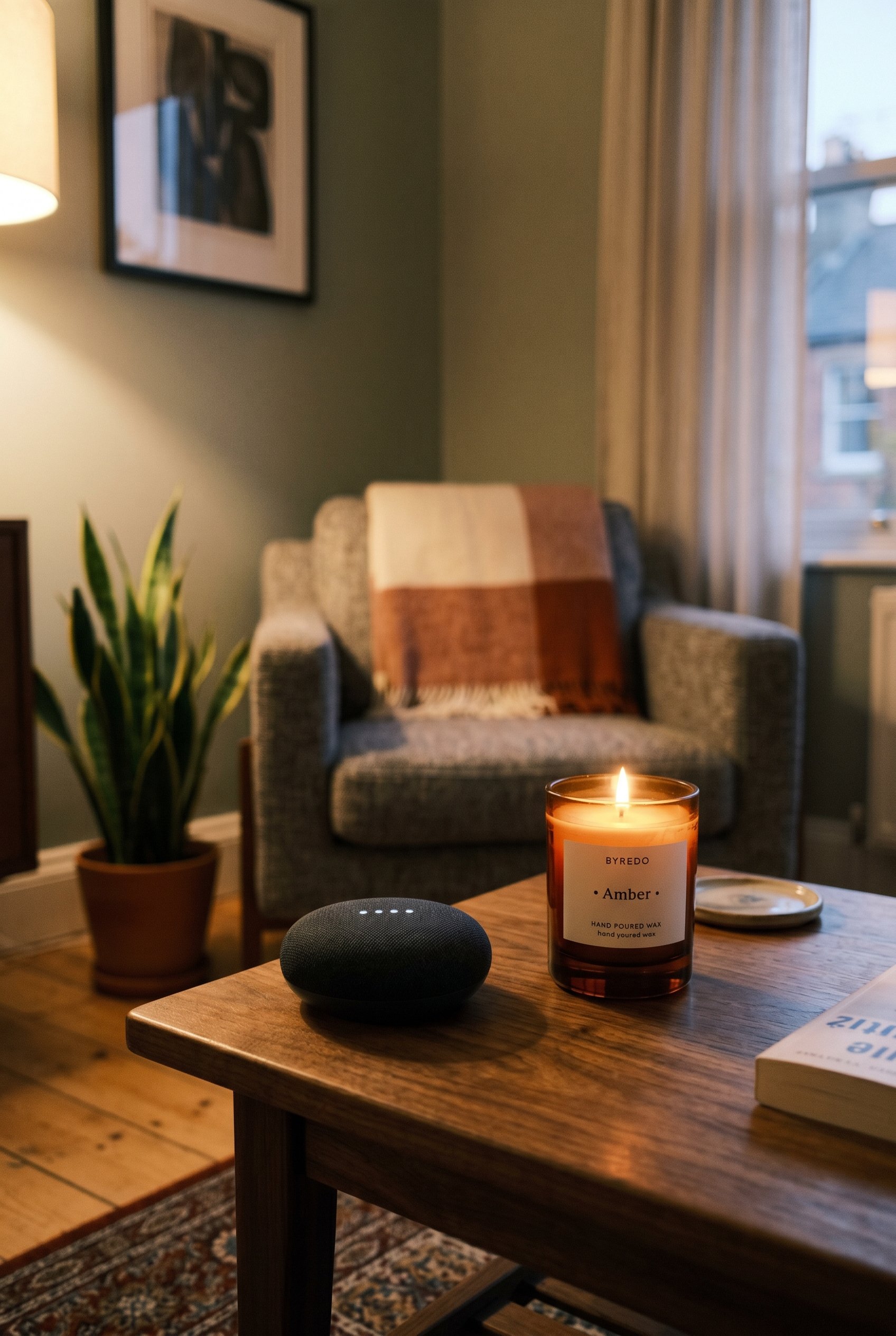 Photorealistic interior photo. Small black smart speaker and an amber glass candle sitting on a walnut side table, warm moody lighting, close-up camera angle. Editorial photography style, no people vi