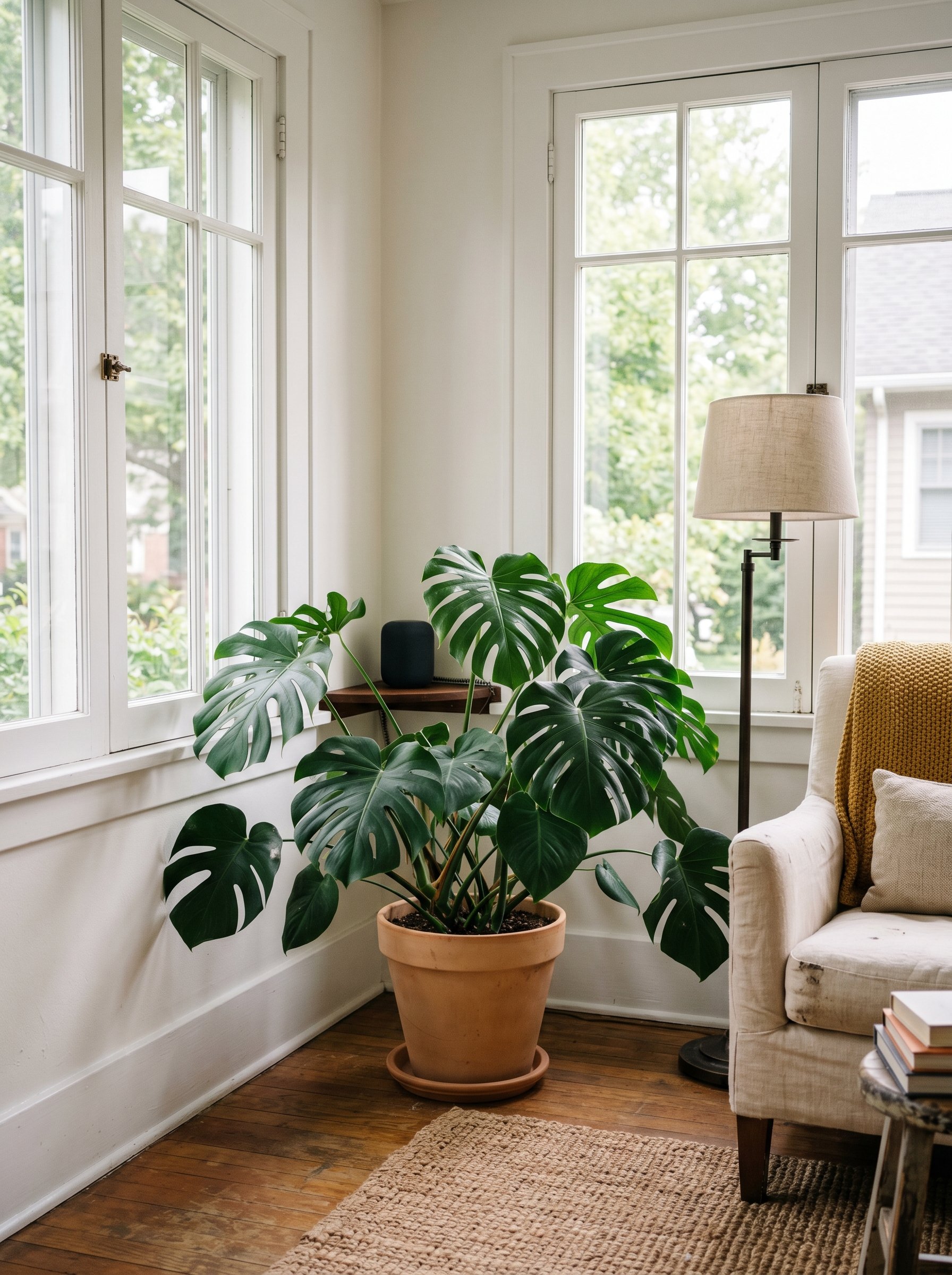 Photorealistic interior photo. Small black smart speaker discreetly tucked behind a large leafy floor plant in a bright sunroom corner. Editorial photography style, no people visible.