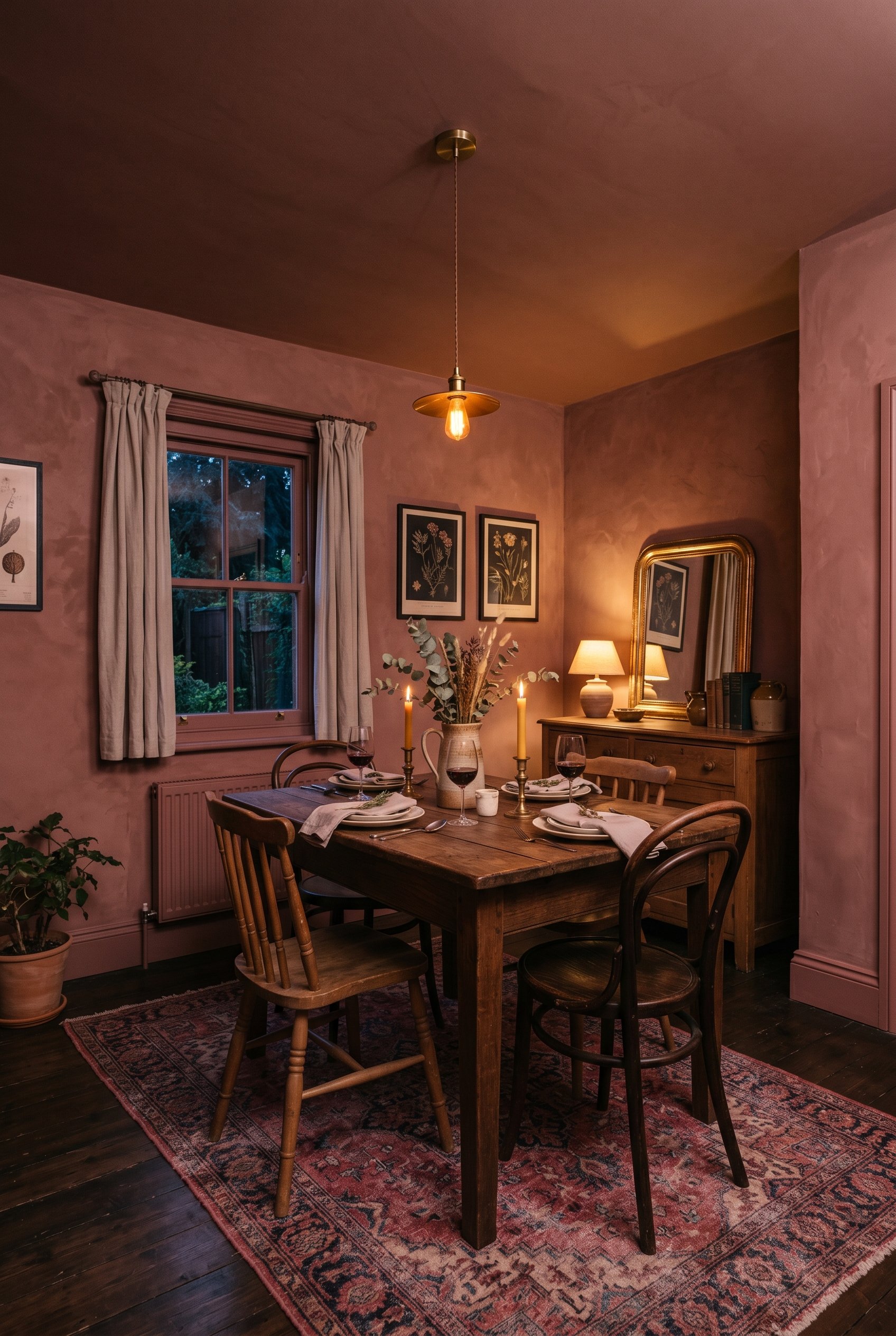 Photorealistic interior photo. Small intimate dining room completely color-drenched in dark muddy plaster pink on walls, trim, and ceiling, moody low lighting, wide camera angle. Editorial photography