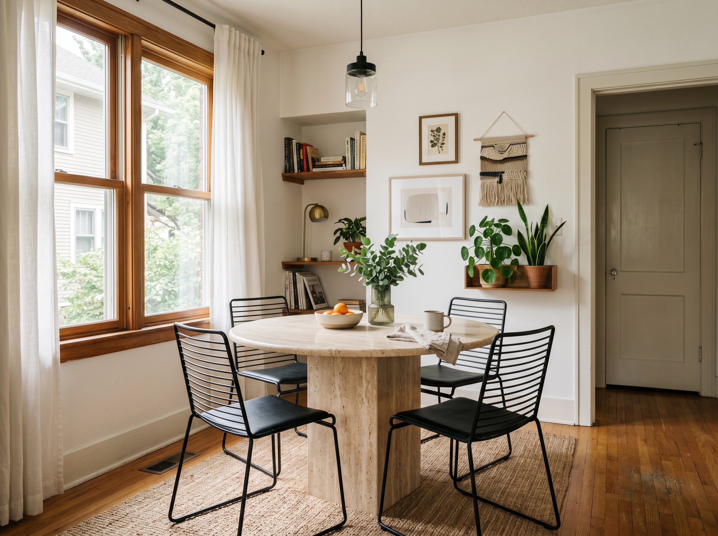 Photorealistic interior photo. Small modern dining nook, heavy travertine marble plinth table, wiry black metal chairs, soft natural window light, straight-on camera angle. Editorial photography style