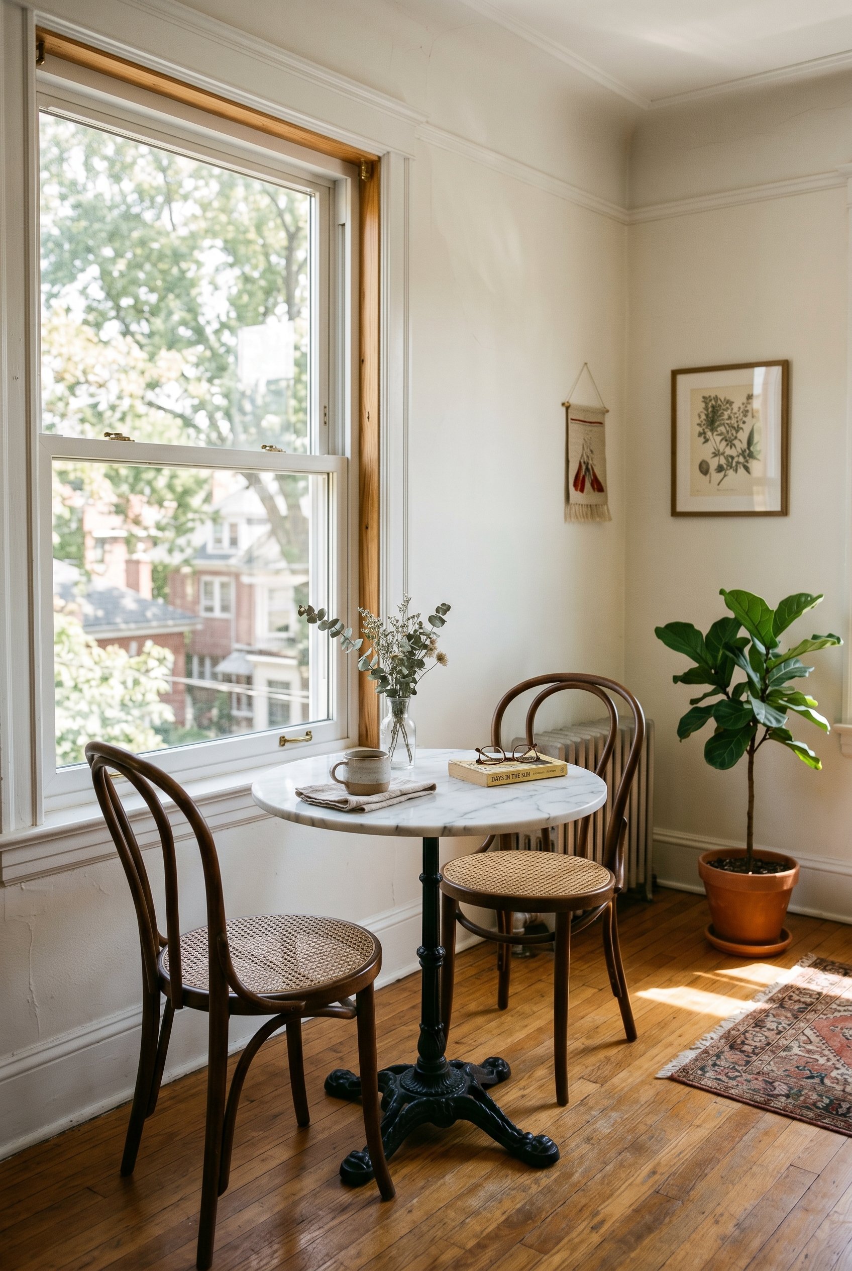 Photorealistic interior photo. Small round marble bistro table with cast iron base, two bentwood chairs, sitting in a sunny window corner. Editorial photography style, no people visible.
