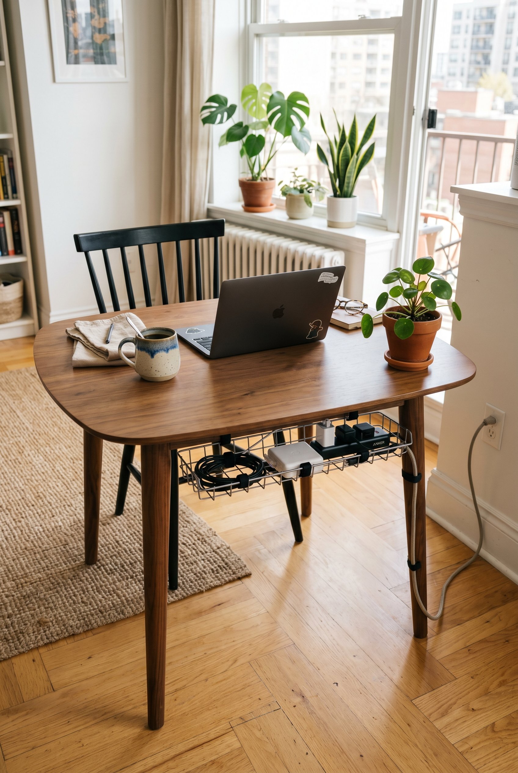 Photorealistic interior photo. Small walnut dining table with neat cable management tray visible underneath, styled subtly with a closed laptop and ceramic coffee mug, bright sunny apartment, angled t